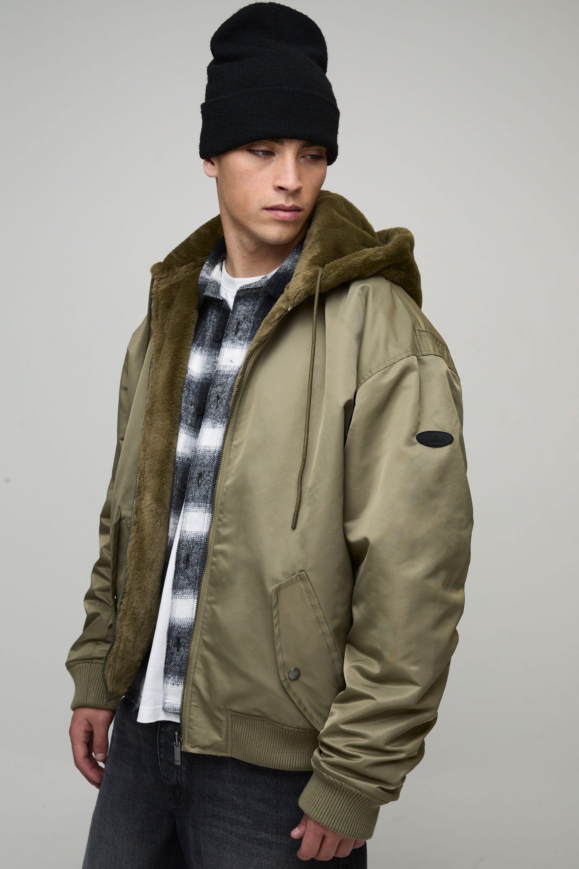 Oversized Faux Fur Hood Nylon Bomber Jacket by BOOHOOMAN