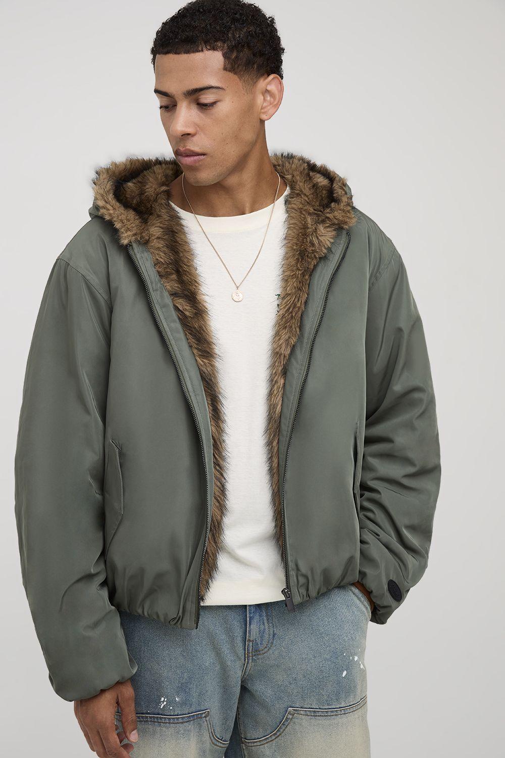 Oversized Faux Fur Trim Hooded Bomber Jacket by BOOHOOMAN Oversized Faux Fur Trim Hooded Bomber Jacket by BOOHOOMAN