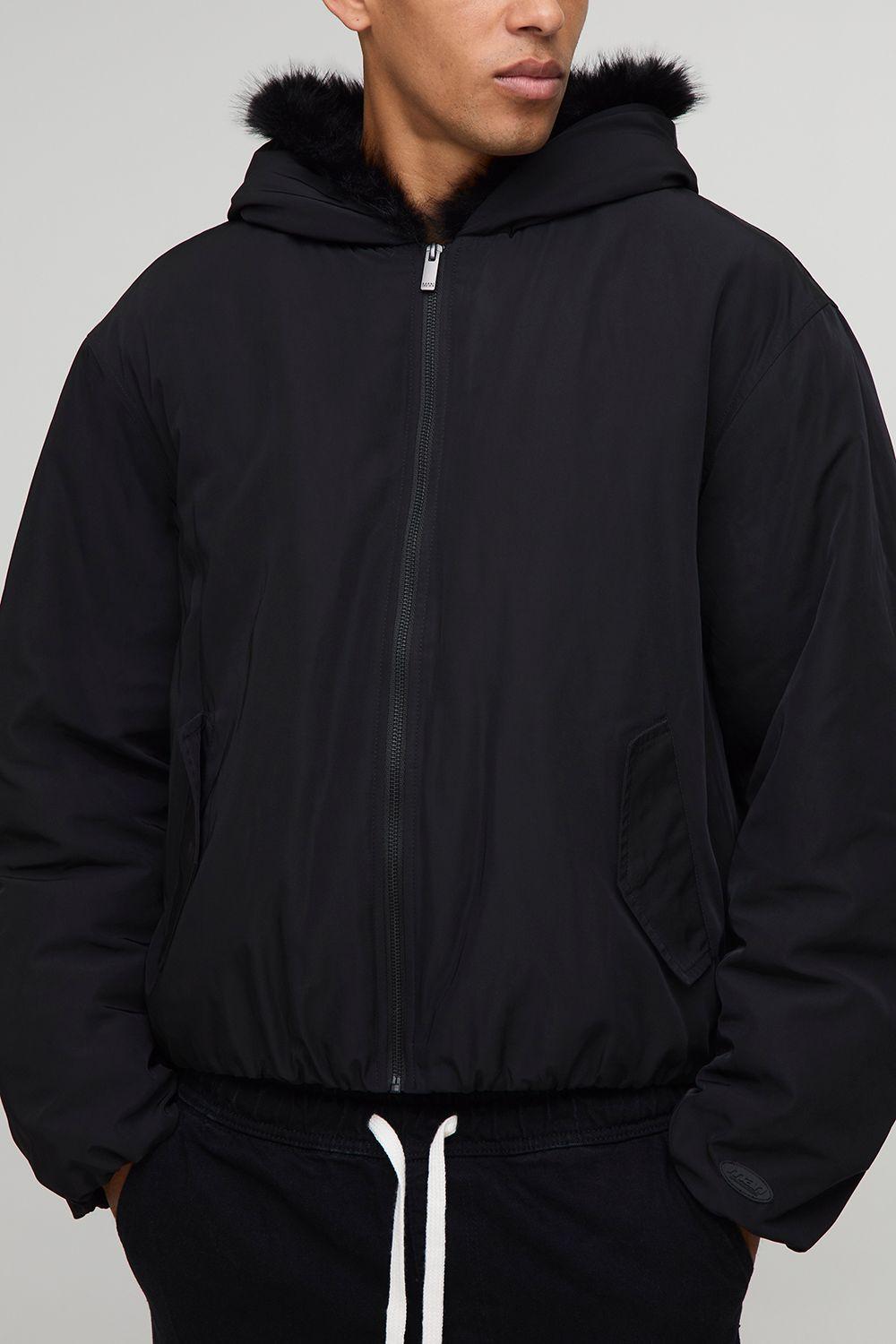 Oversized Faux Fur Trim Hooded Bomber Jacket by BOOHOOMAN