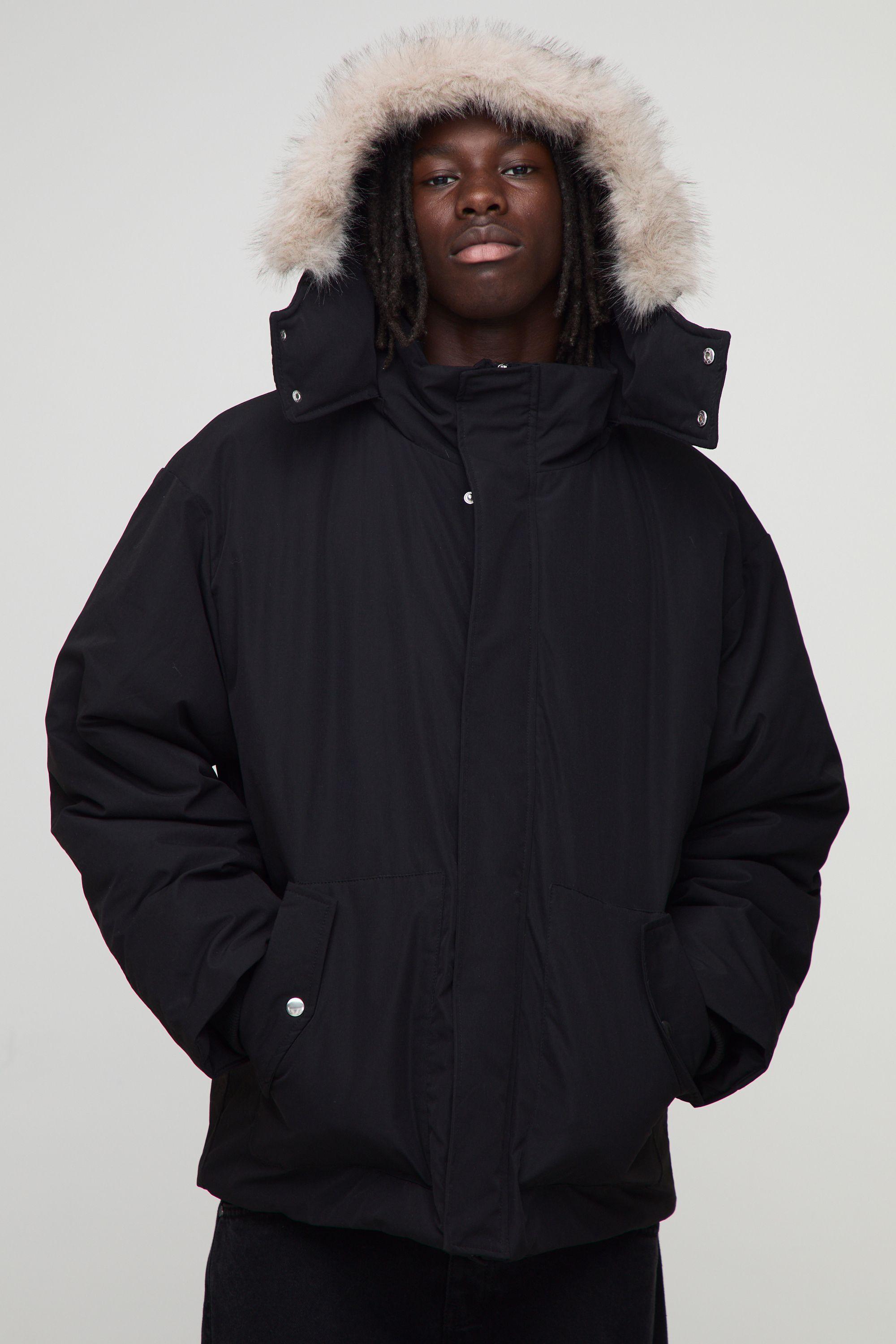 Oversized Faux Fur Trim Hooded Funnel Parka Jacket by BOOHOOMAN