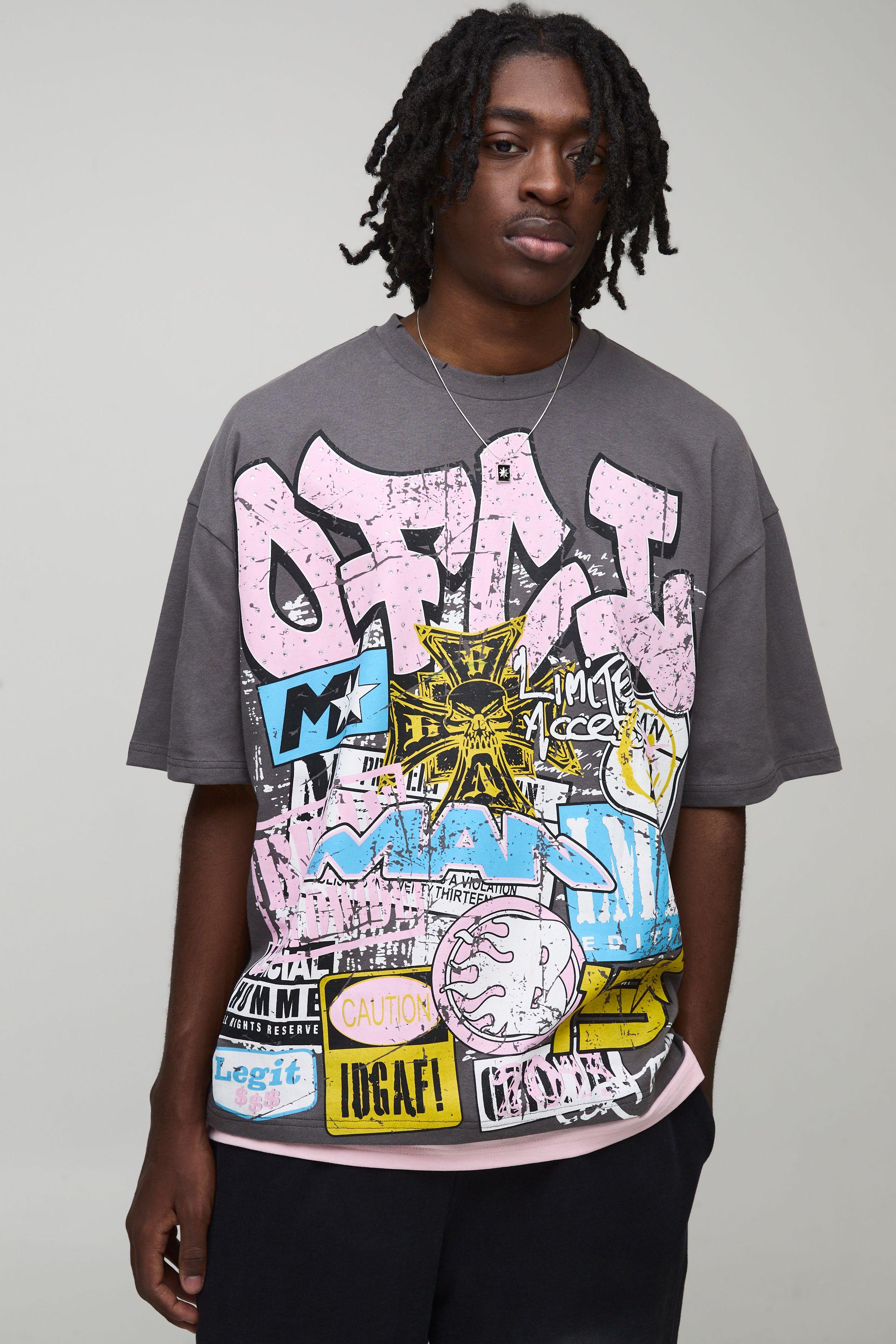 Oversized Faux Layer Distressed Rhinestone Graffiti Graphic T-Shirt by BOOHOOMAN