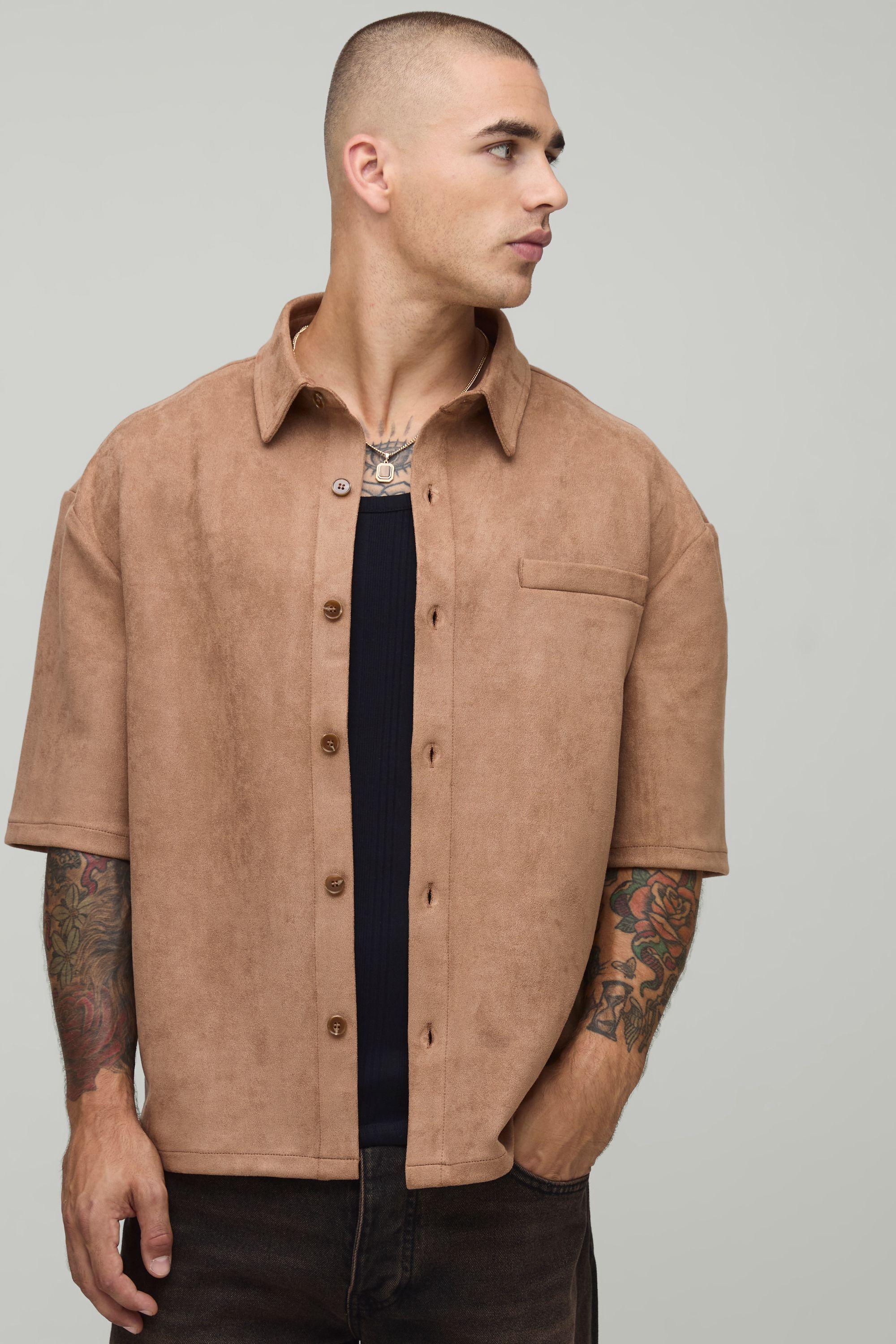 Oversized Faux Suede Half Sleeve Shirt by BOOHOOMAN