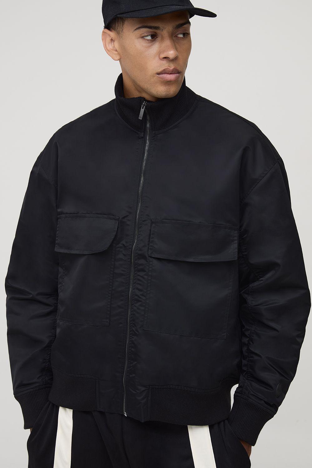 Oversized Fit Chunky Rib Funnel Neck Bomber Jacket by BOOHOOMAN Oversized Fit Chunky Rib Funnel Neck Bomber Jacket by BOOHOOMAN