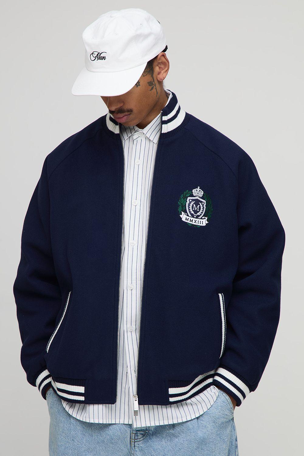 Oversized Fit Melton Funnel Neck Embroidered Crest Bomber Jacket by BOOHOOMAN