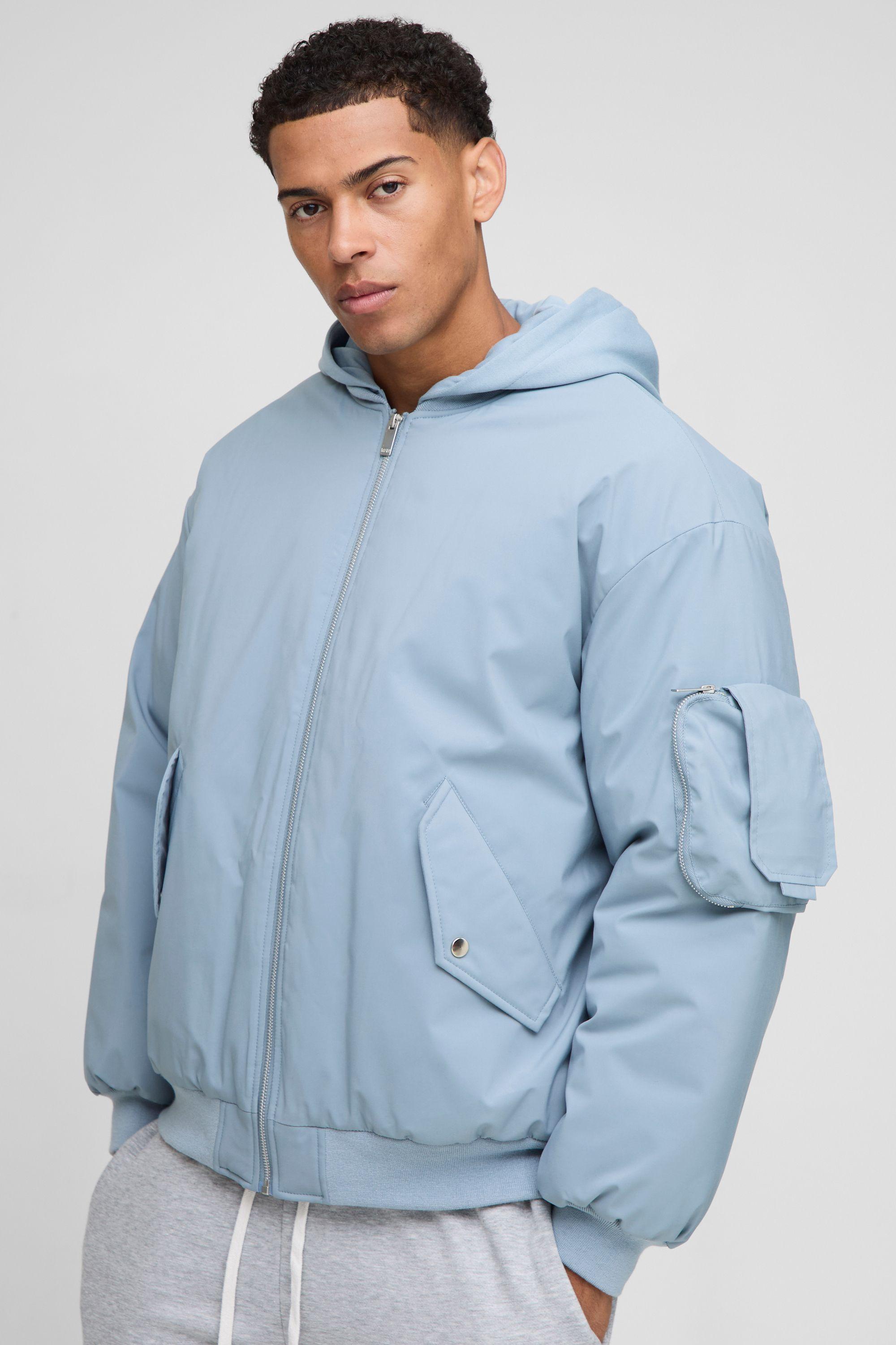 Oversized Fit PU Applique Nylon Hooded Bomber Jacket by BOOHOOMAN