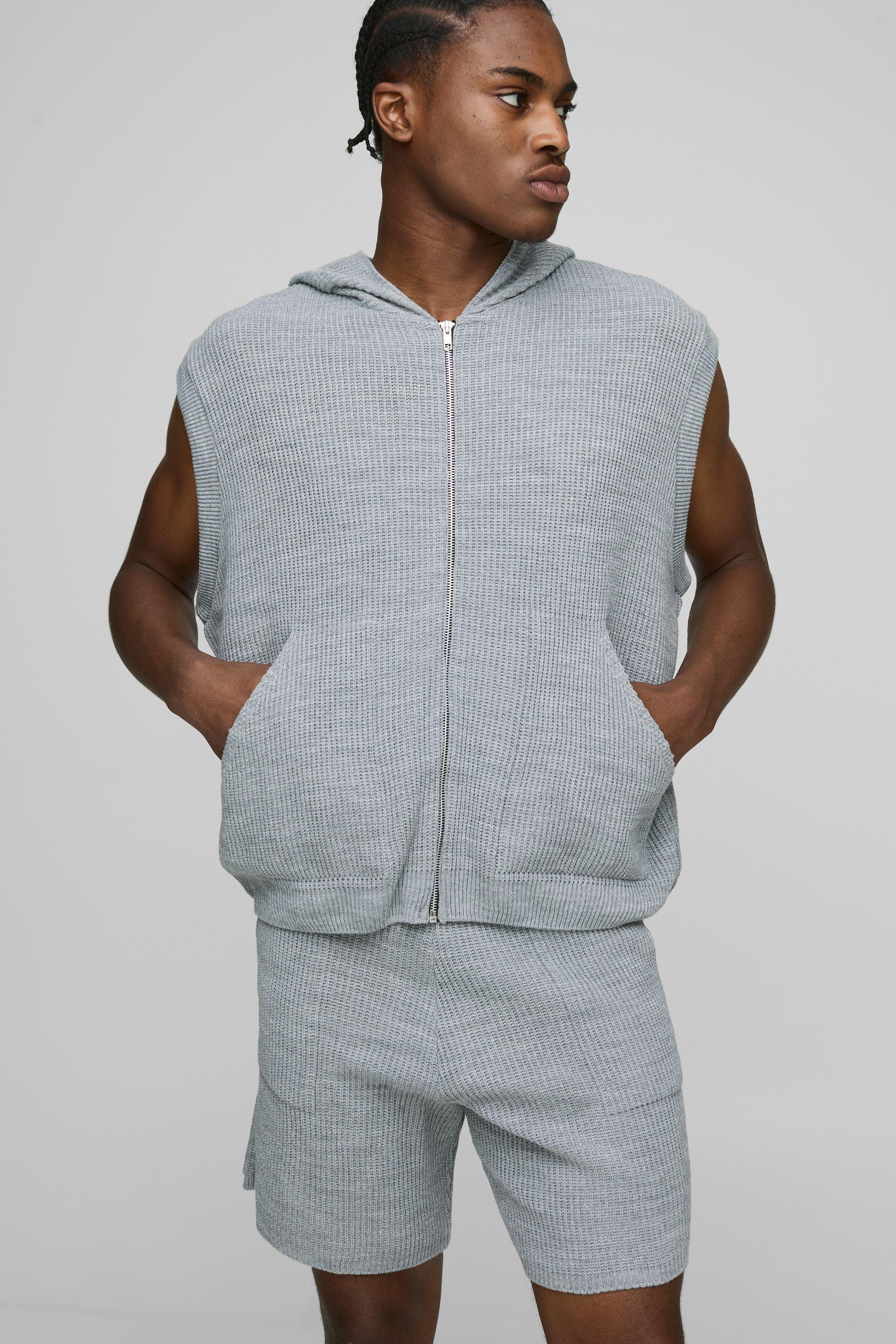 Oversized Fit Ribbed Knitted Zip Through Hoodie and Shorts Set by BOOHOOMAN