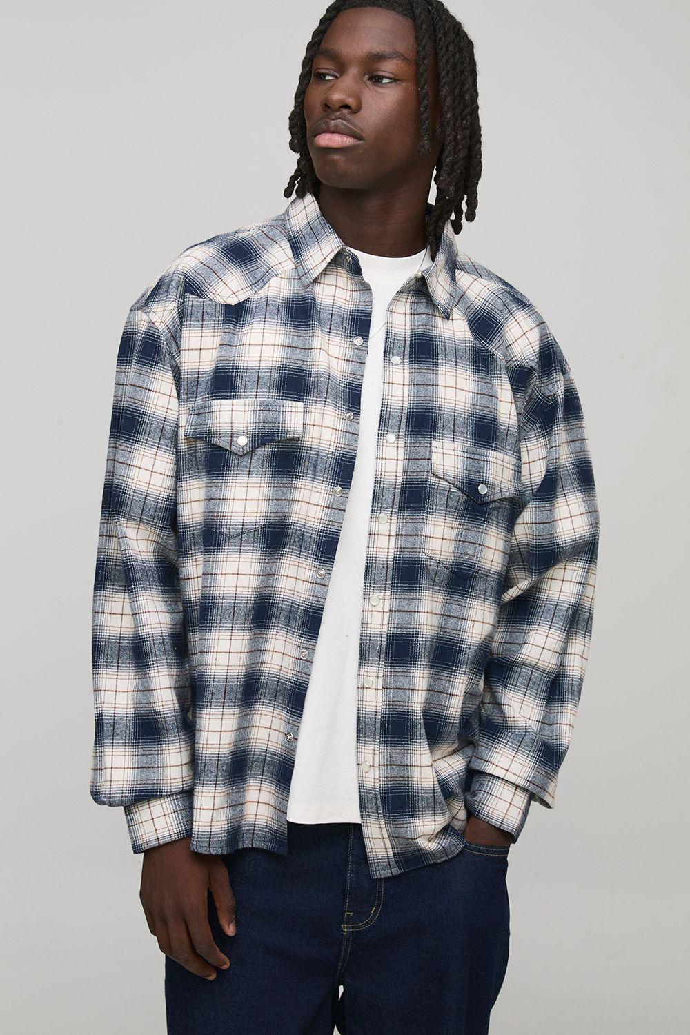 Oversized Flannel Western Checked Long Sleeve Shirt by BOOHOOMAN Oversized Flannel Western Checked Long Sleeve Shirt by BOOHOOMAN