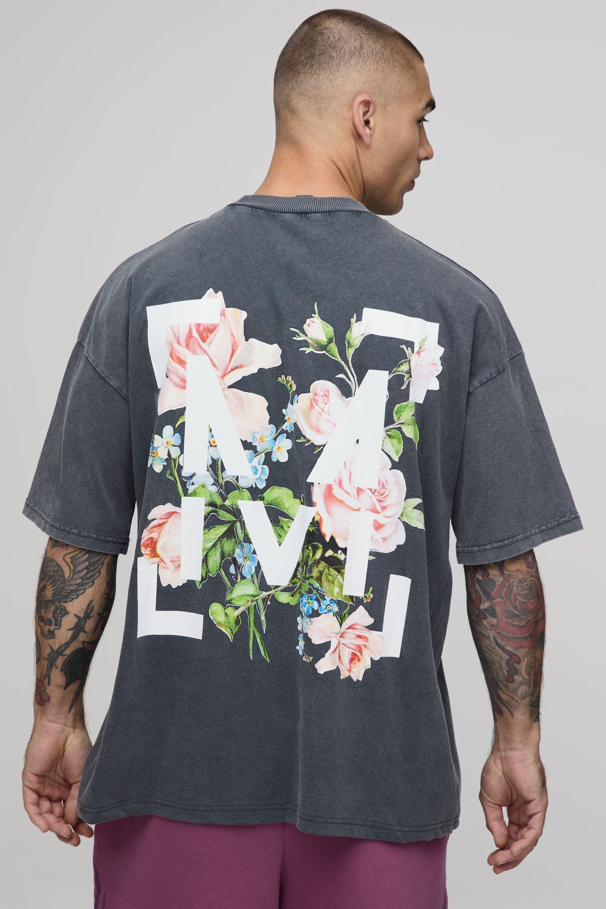 Oversized Floral Graphic Acid Wash T-shirt by BOOHOOMAN
