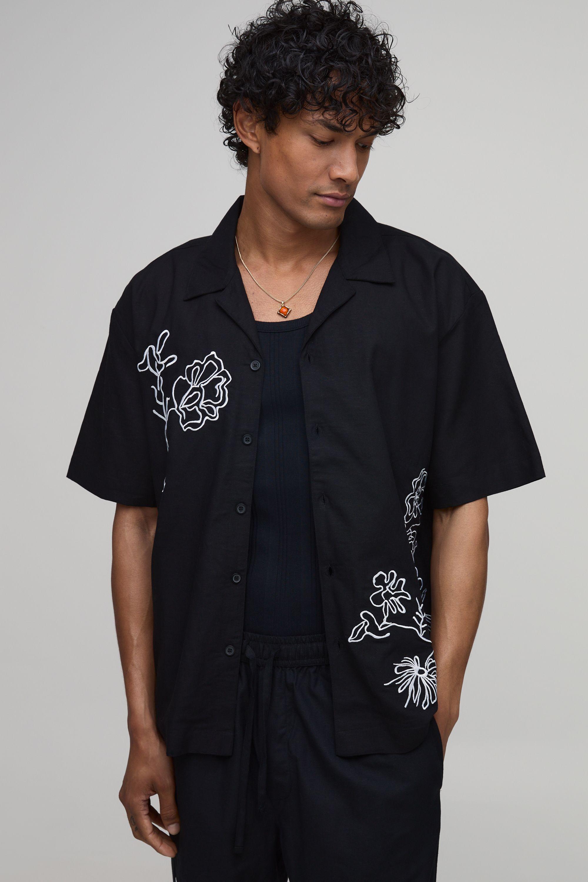 Oversized Floral Sketch Linen Co-Ord Blend Shirt by BOOHOOMAN