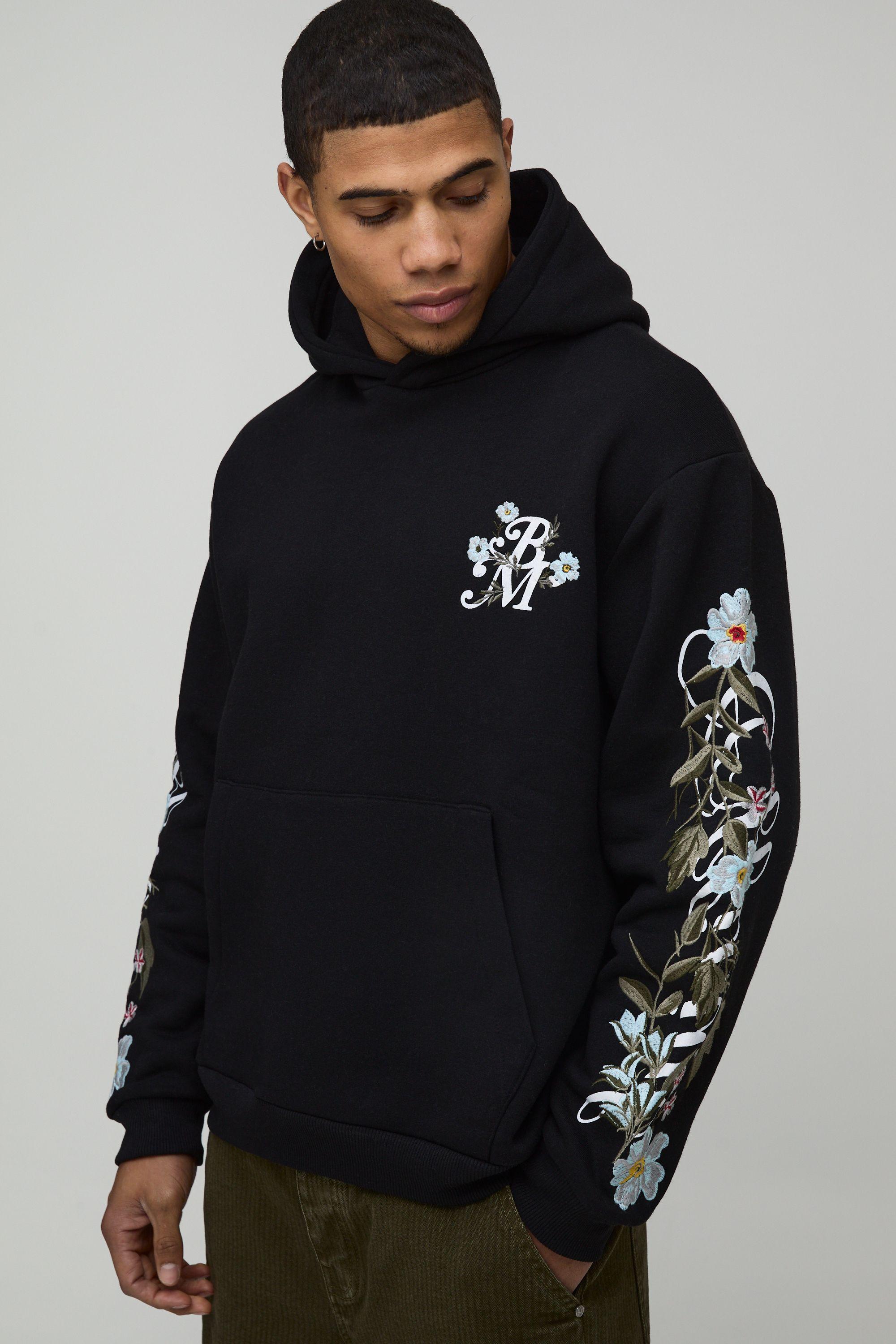 Oversized Floral Sleeve Embroidery Hoodie by BOOHOOMAN
