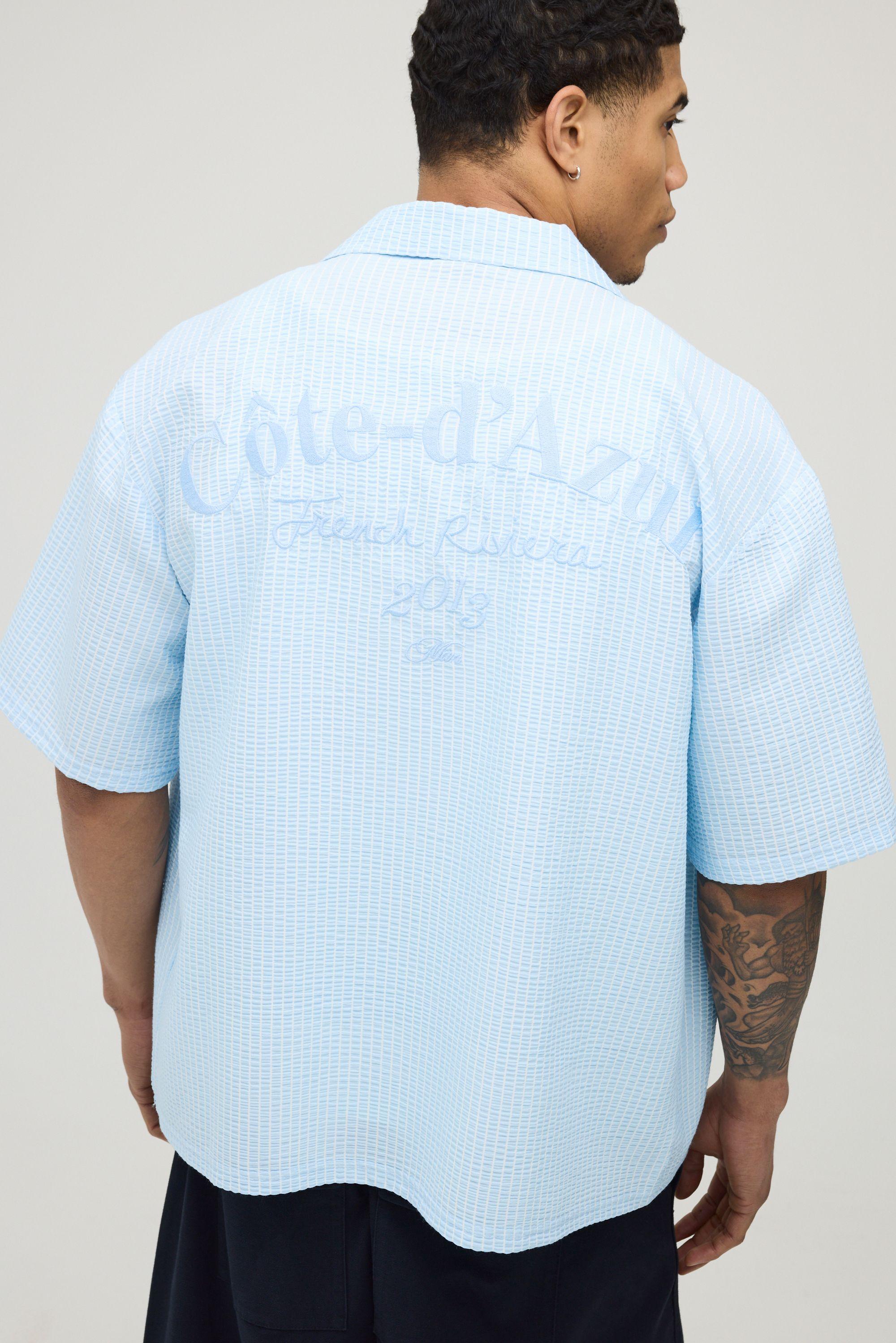 Oversized French Riviera Embroidered Seersucker Half Sleeve Shirt by BOOHOOMAN Oversized French Riviera Embroidered Seersucker Half Sleeve Shirt by BOOHOOMAN