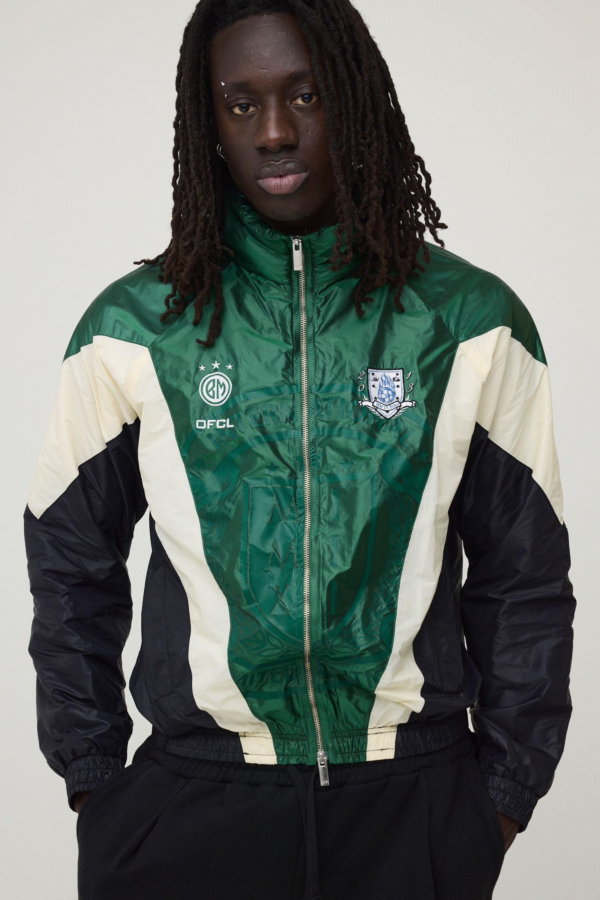 Oversized Funnel Neck Circa 98 Crest Colour Block Track Jacket by BOOHOOMAN