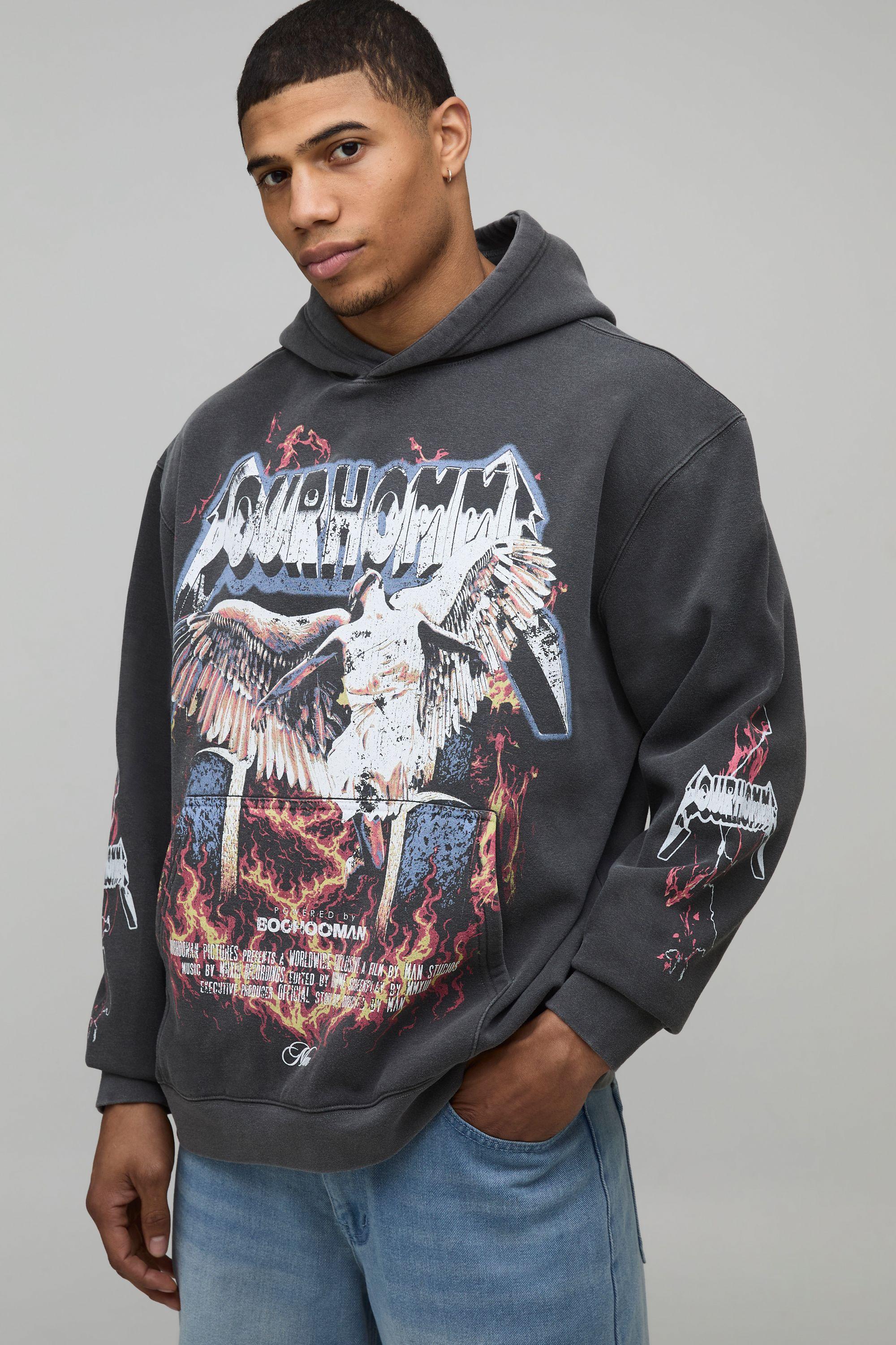 Oversized Gothic Flame Printed Washed Hoodie by BOOHOOMAN