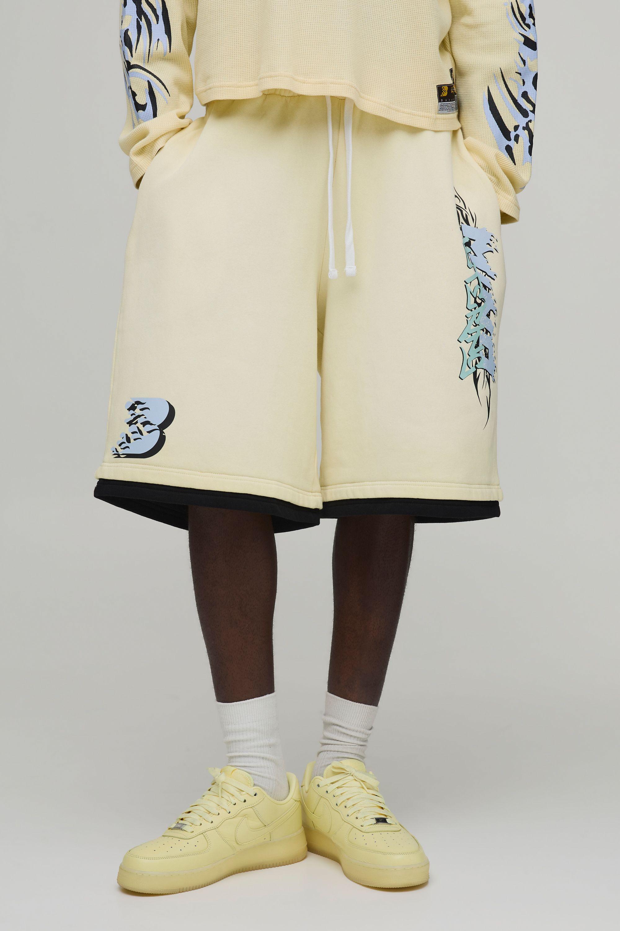 Oversized Graffiti Graphic Washed Jersey Jort by BOOHOOMAN