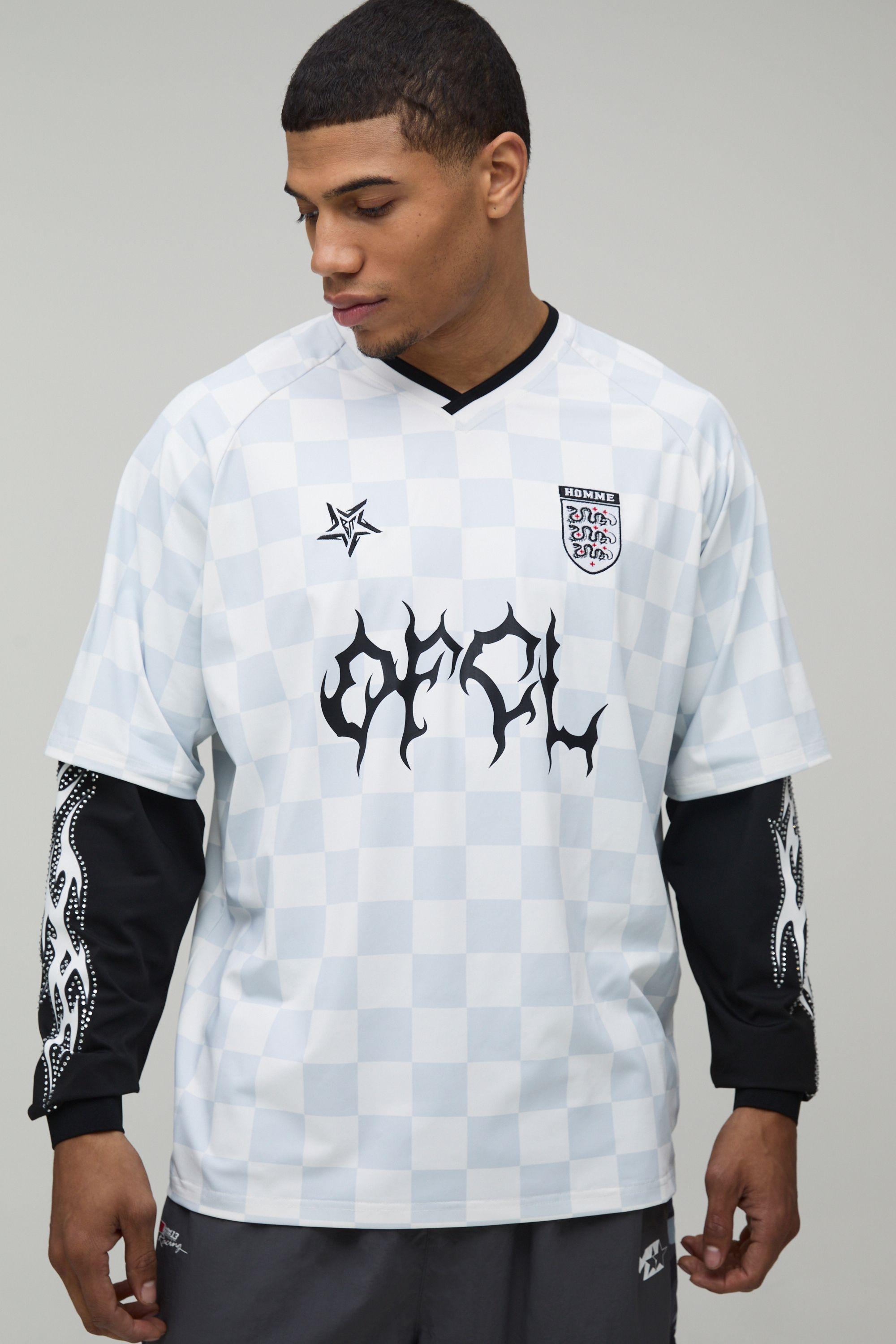 Oversized Grunge Varsity Rhinestone Checkboard Mesh Faux T-Shirt by BOOHOOMAN