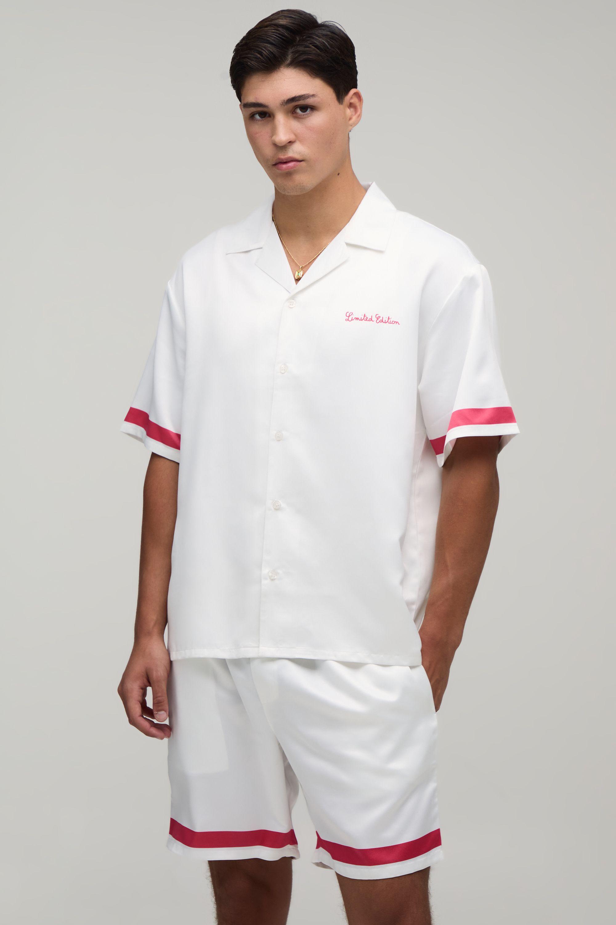 Oversized Half Sleeve Boarder Print Satin Shirt & Short Set by BOOHOOMAN