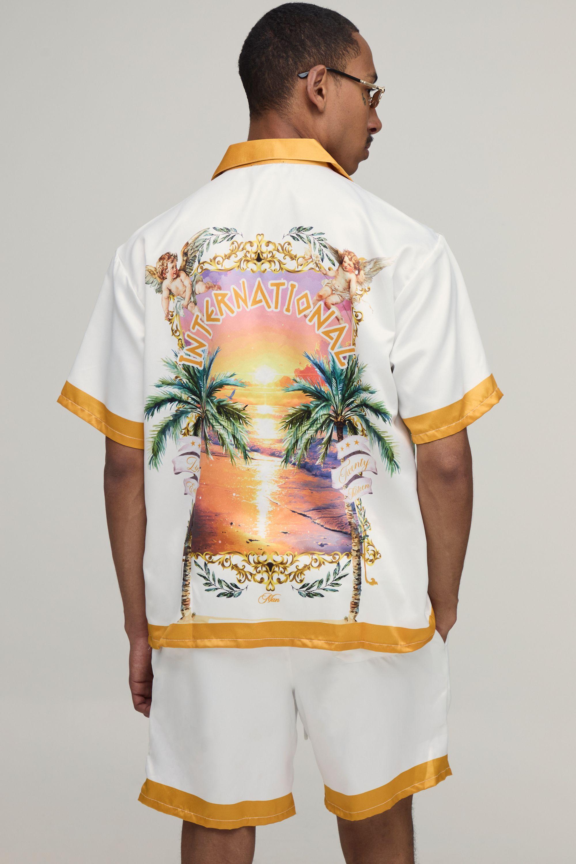 Oversized Half Sleeve Location Print Satin Shirt & Short Set by BOOHOOMAN