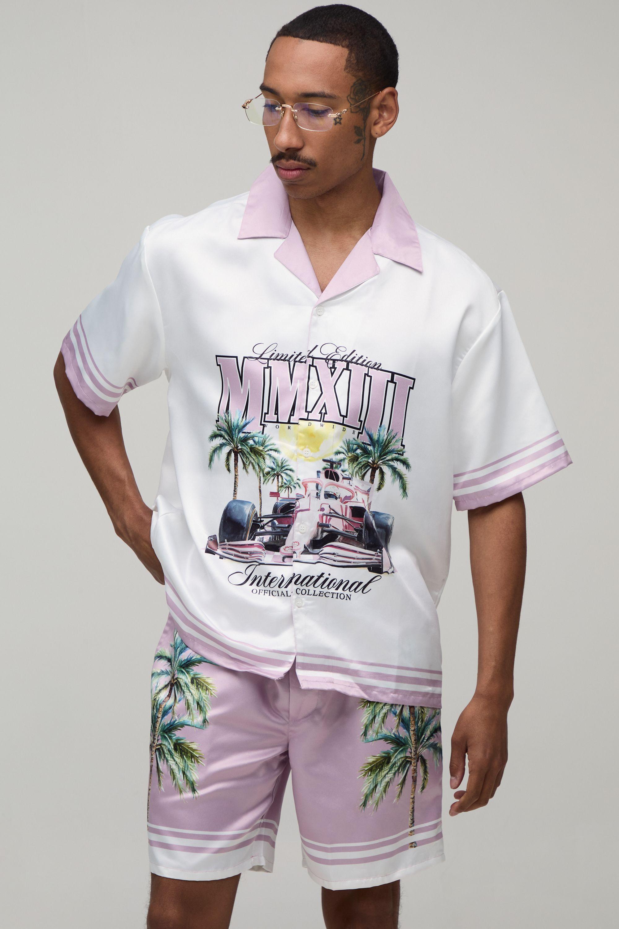 Oversized Half Sleeve Moto Print Satin Shirt & Short Set by BOOHOOMAN