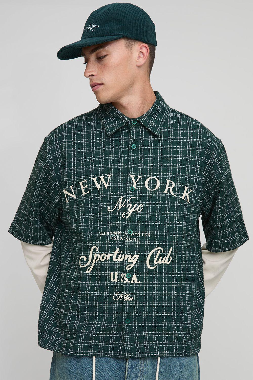 Oversized Half Sleeve New York Micro Check Shirt by BOOHOOMAN