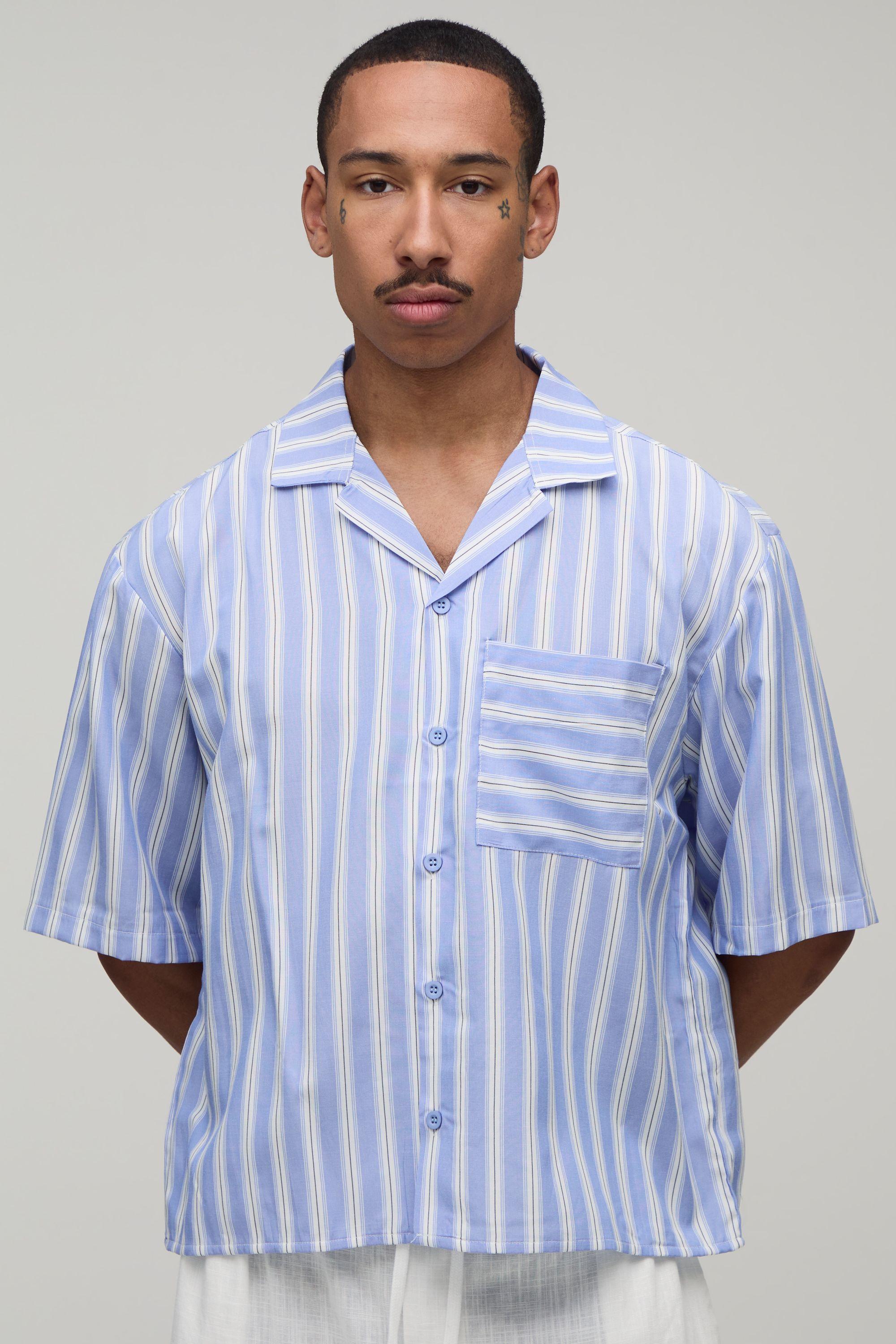 Oversized Half Sleeve Revere Stripe Shirt by BOOHOOMAN
