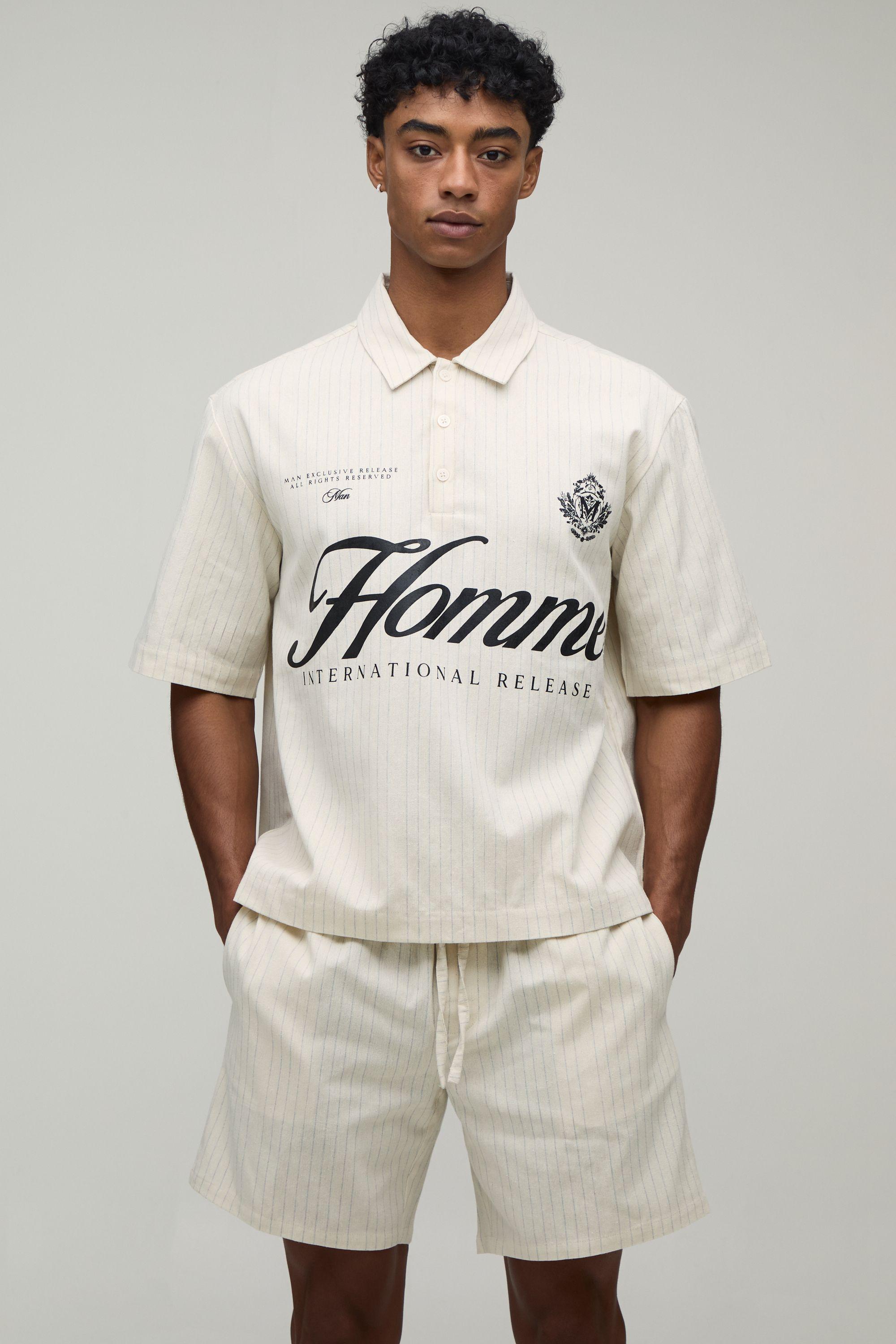 Oversized Half Sleeve Stripe Polo Shirt and Short Set by BOOHOOMAN