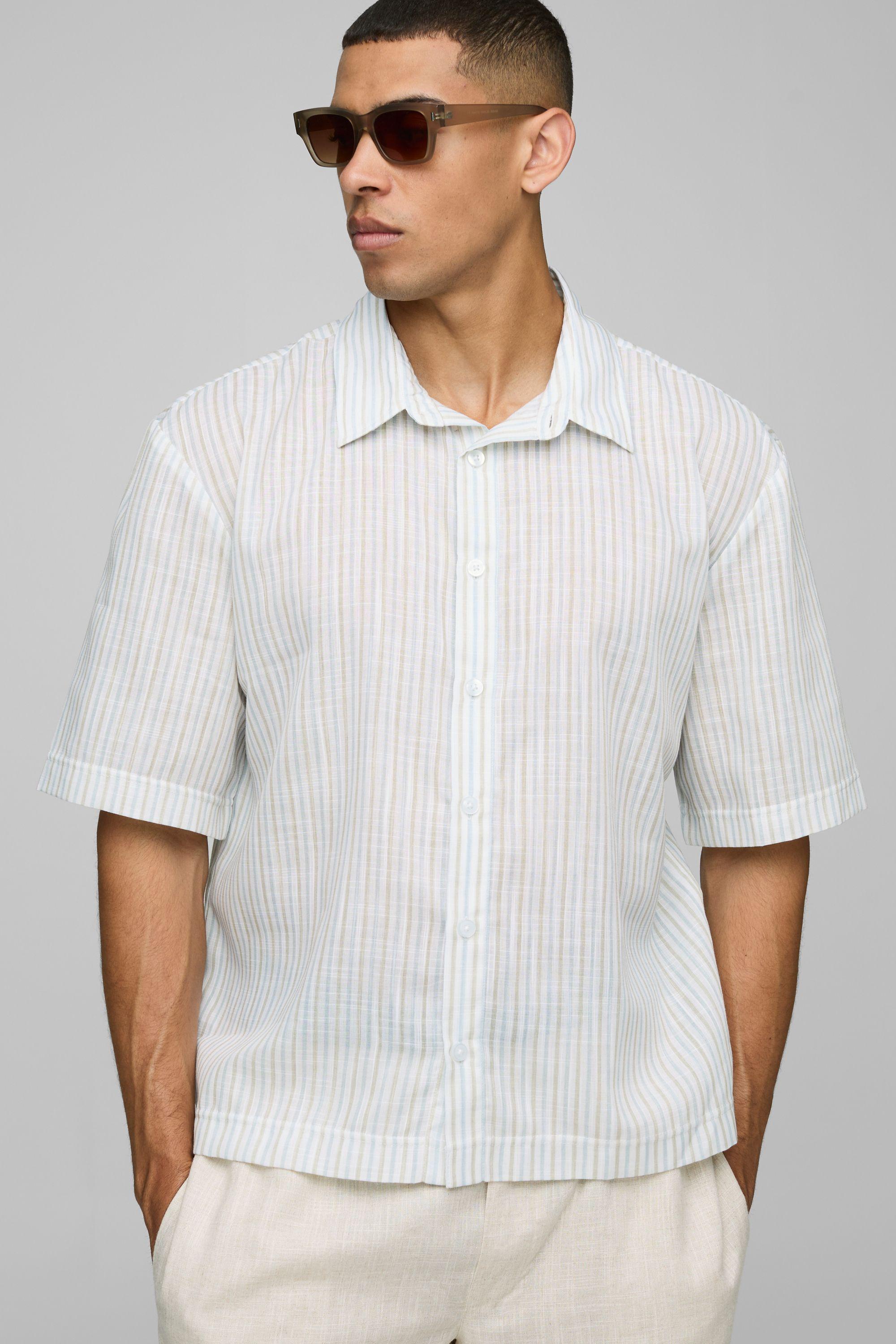 Oversized Half Sleeve Stripe Slub Collared Shirt by BOOHOOMAN