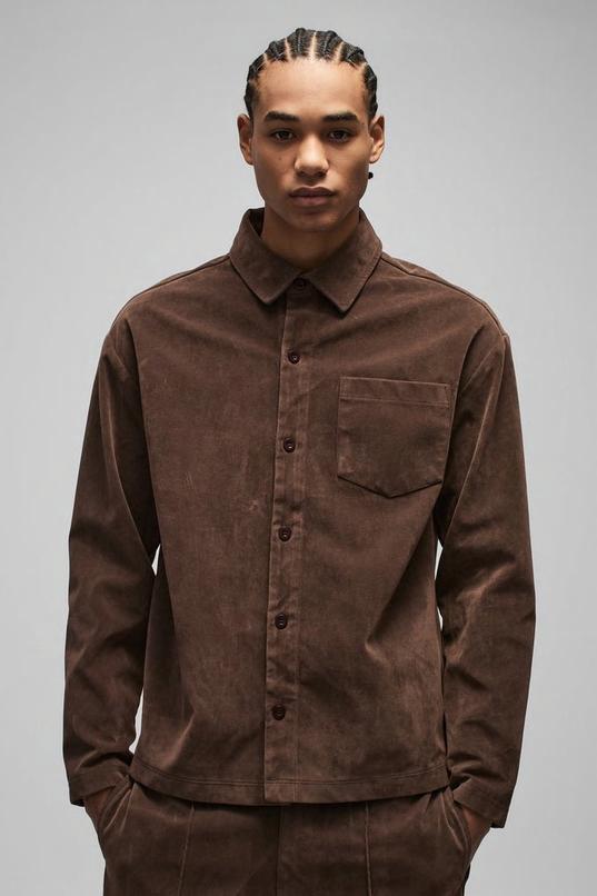 Oversized Heavyweight Faux Suede Collared Shirt by BOOHOOMAN