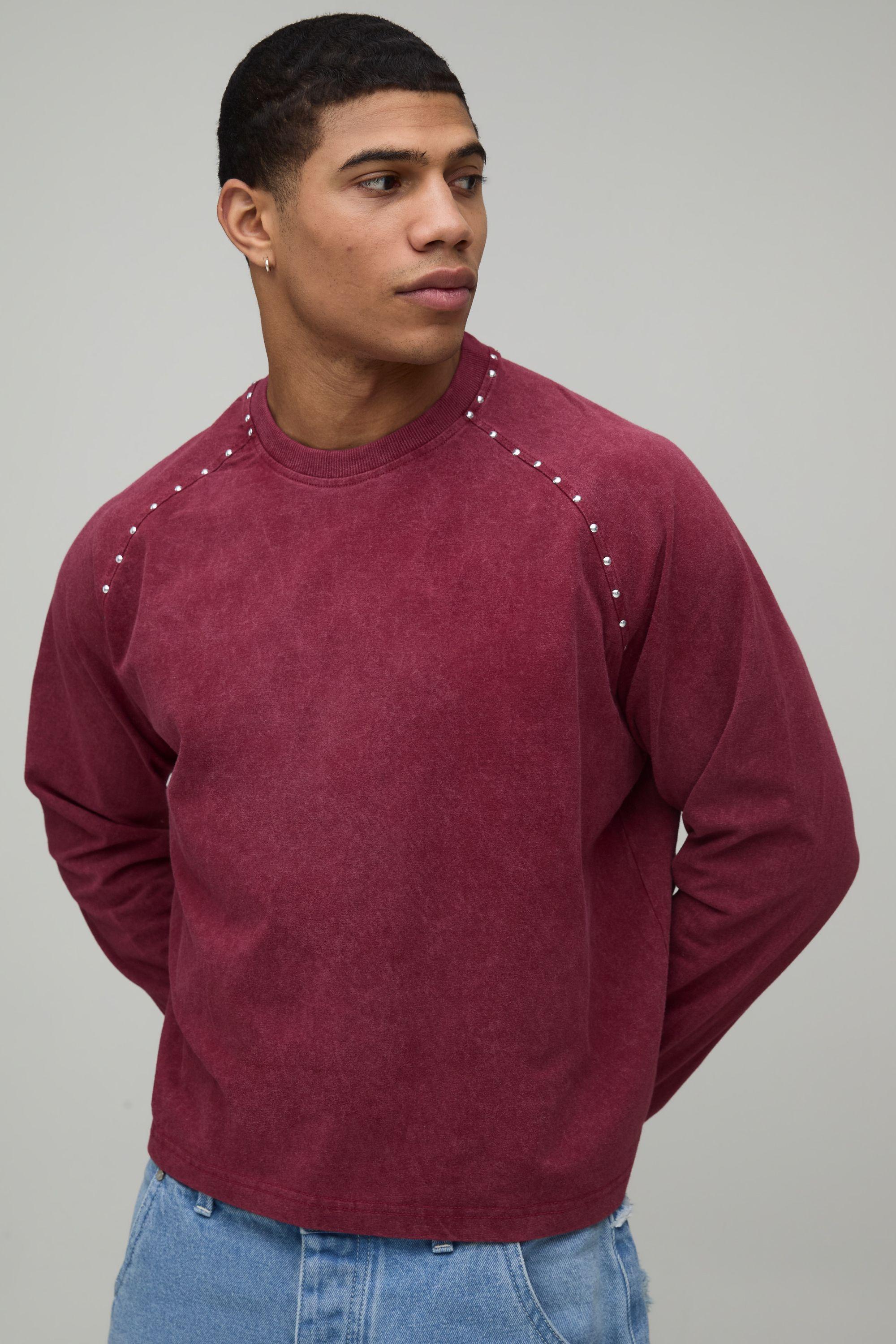 Oversized Heavyweight Studded Raglan Acid Wash T-shirt by BOOHOOMAN