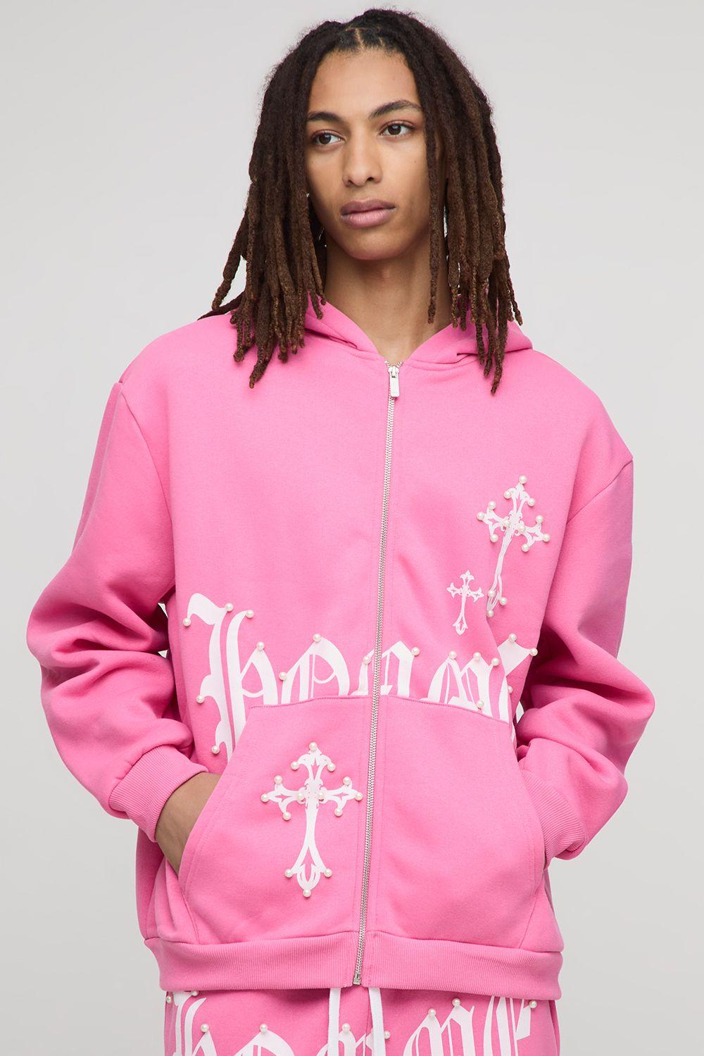 Oversized Homme Pearl Embellished Zip Through Hoodie by BOOHOOMAN