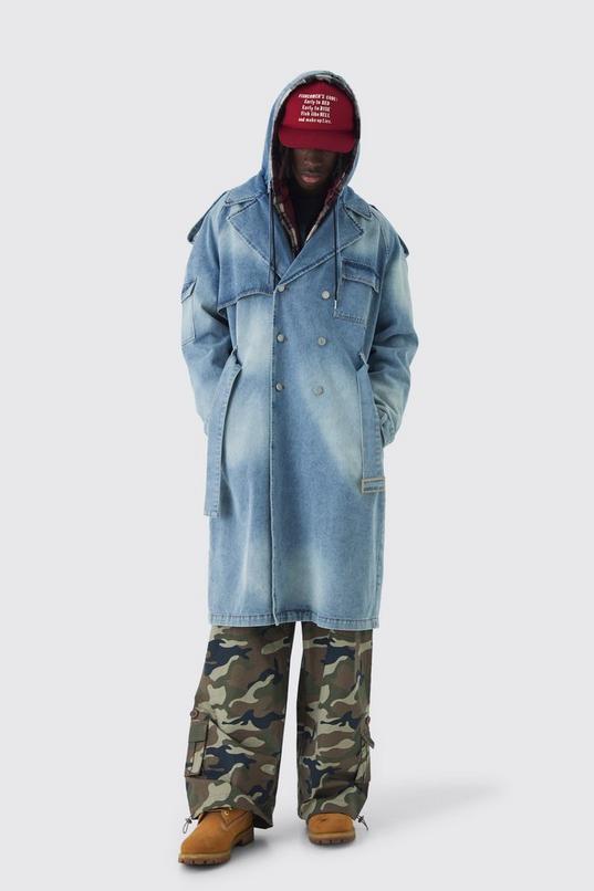 Oversized Hooded Denim Trench Coat by BOOHOOMAN