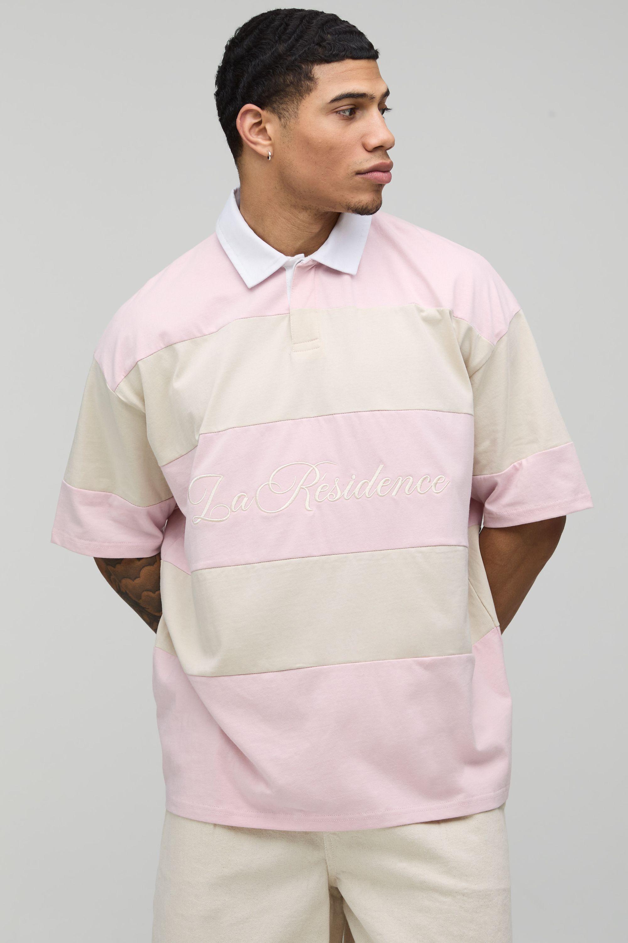 Oversized La Residence Embroidered Stripe Rugby Polo by BOOHOOMAN