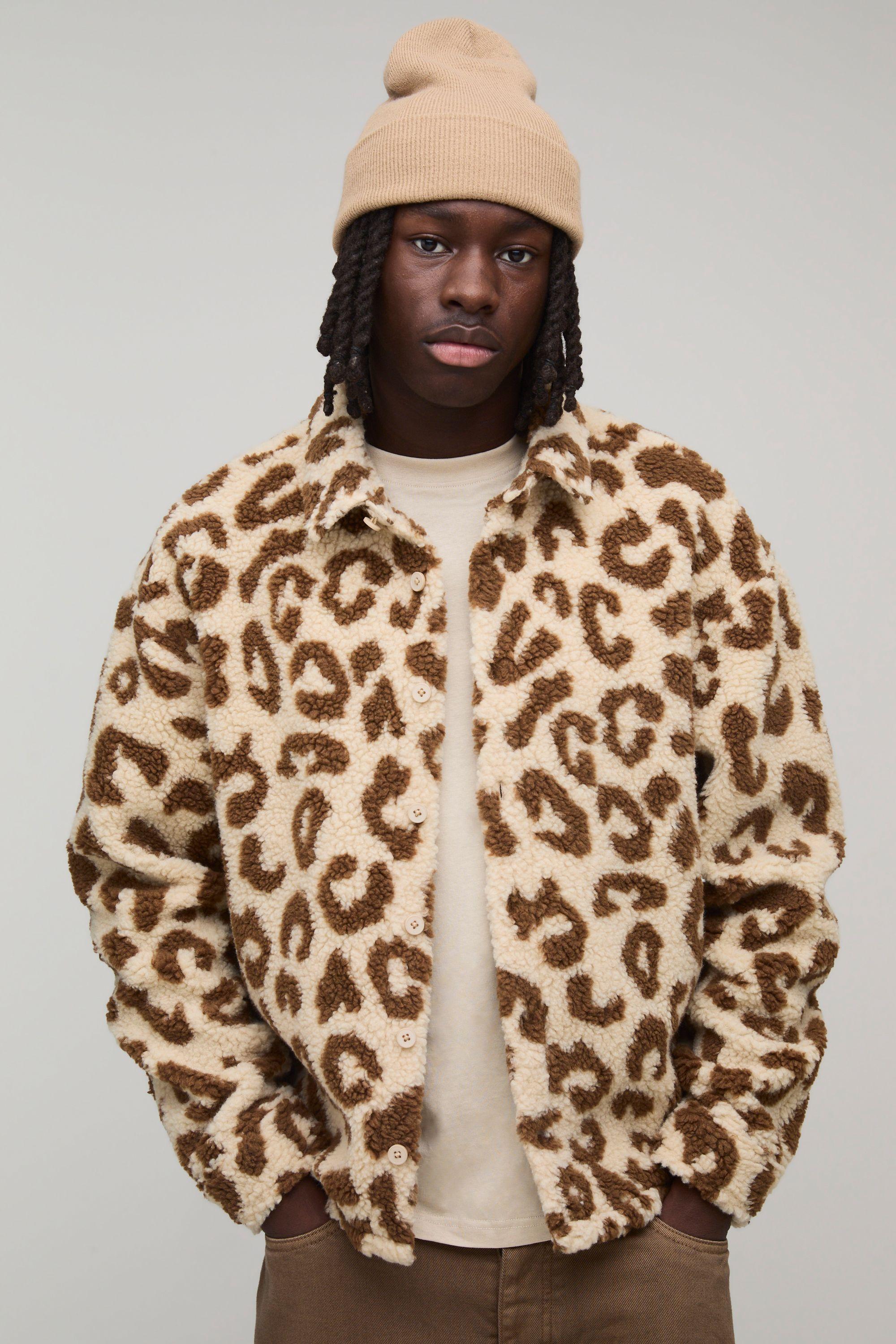Oversized Leopard Print Borg Overshirt by BOOHOOMAN Oversized Leopard Print Borg Overshirt by BOOHOOMAN