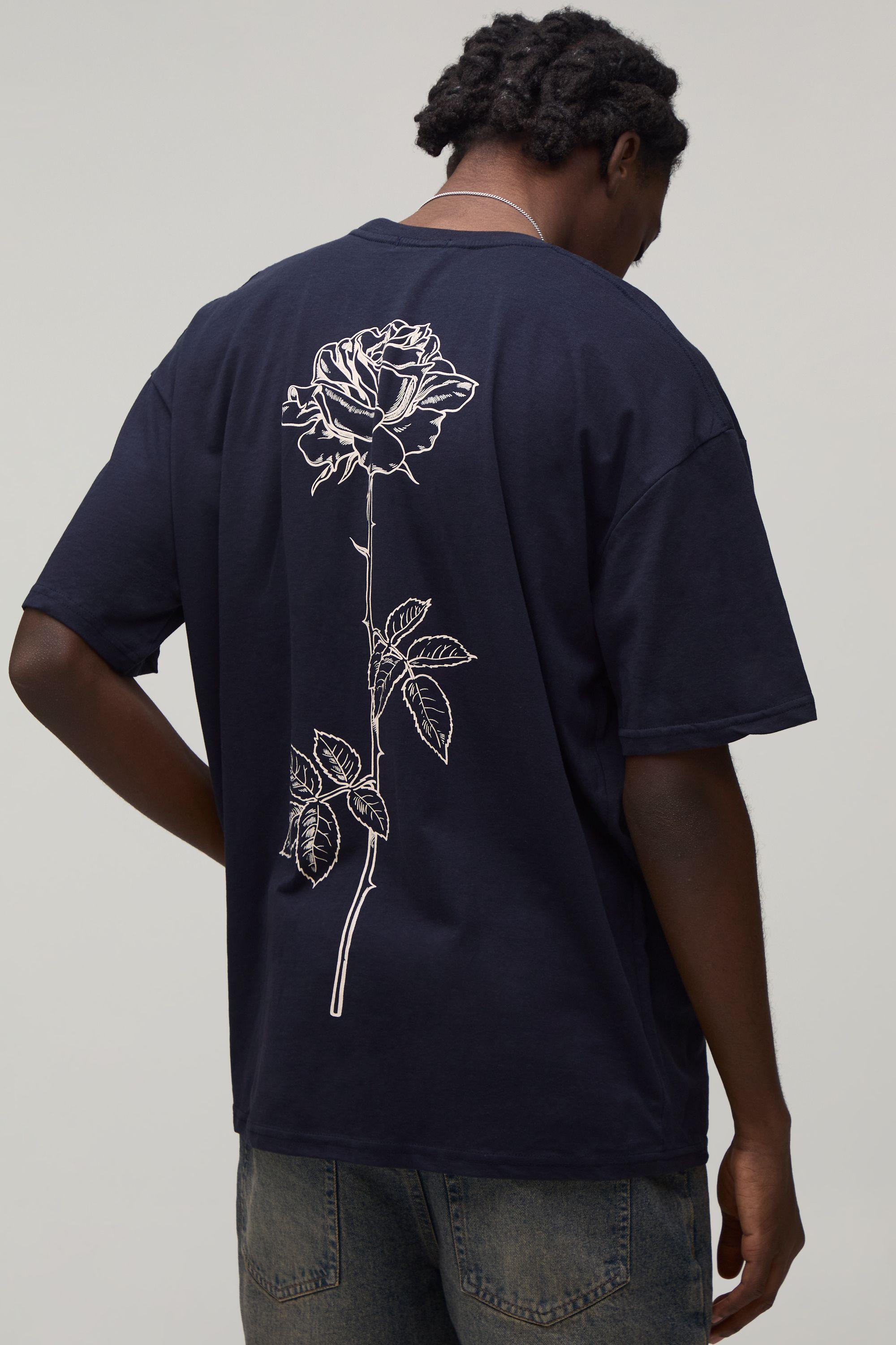 Oversized Line Drawn Rose Stem Print T-shirt by BOOHOOMAN