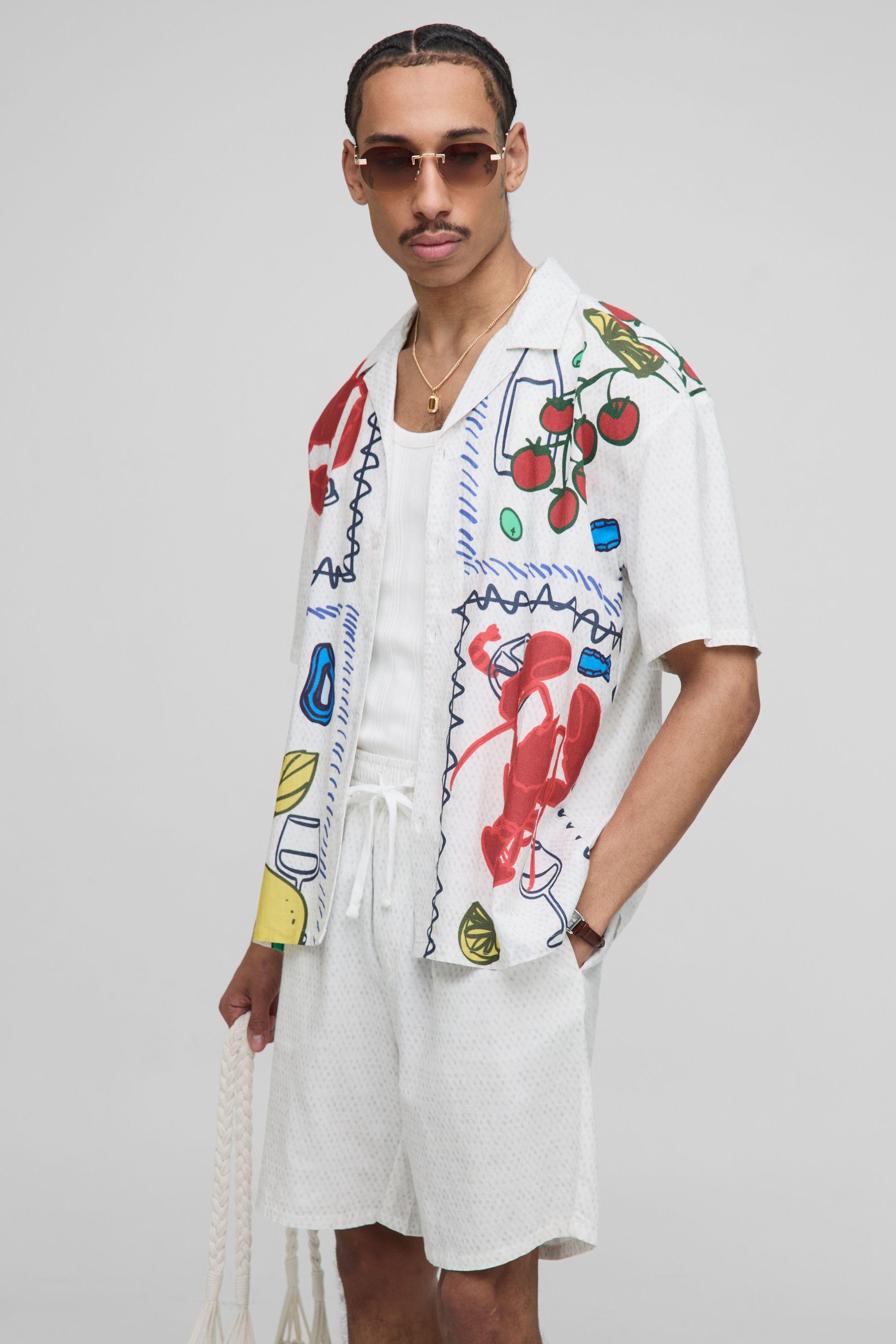 Oversized Linen Blend Conversational Printed Shirt & Short Set by BOOHOOMAN