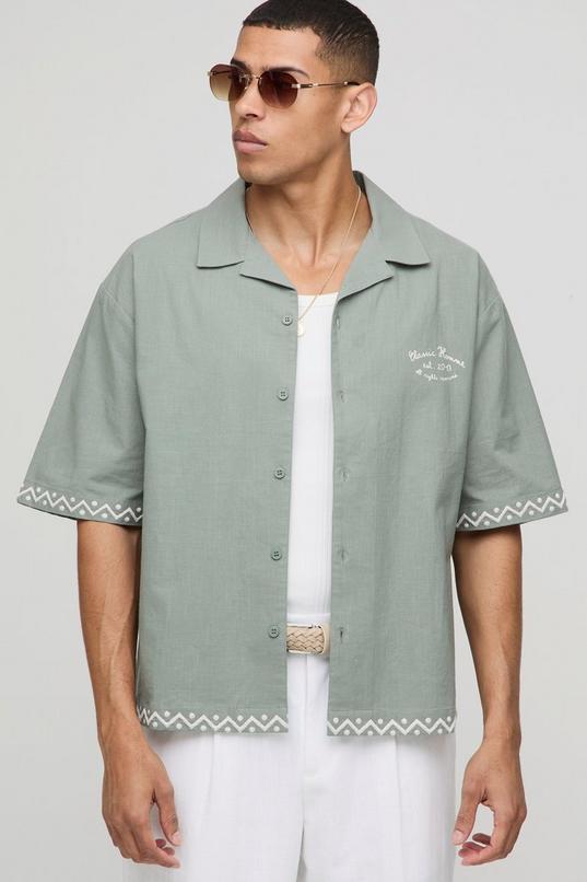 Oversized Linen Look Embroidered Revere Shirt by BOOHOOMAN