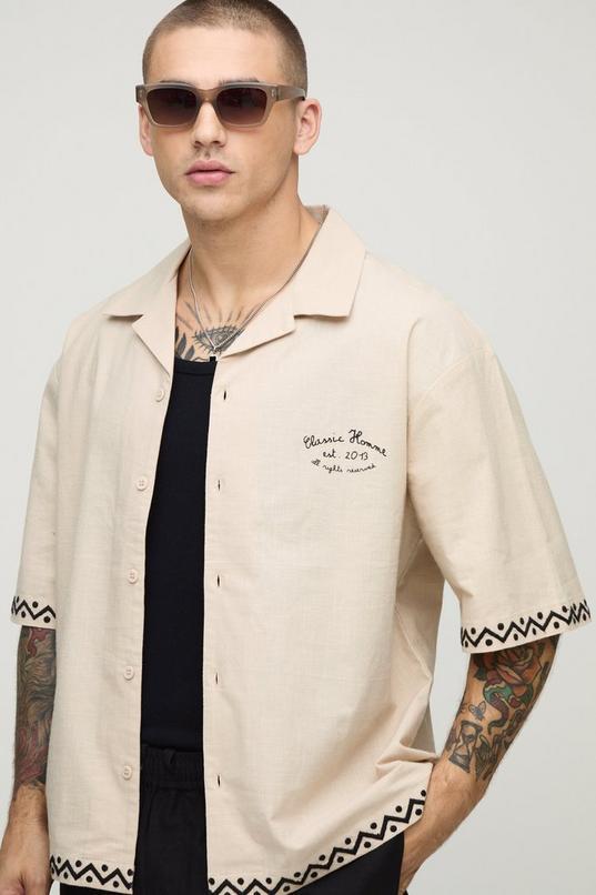 Oversized Linen Look Embroidered Revere Shirt by BOOHOOMAN