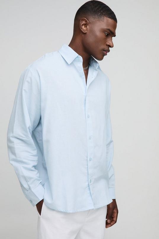 Oversized Long Sleeve Collared Linen Blend Shirt by BOOHOOMAN