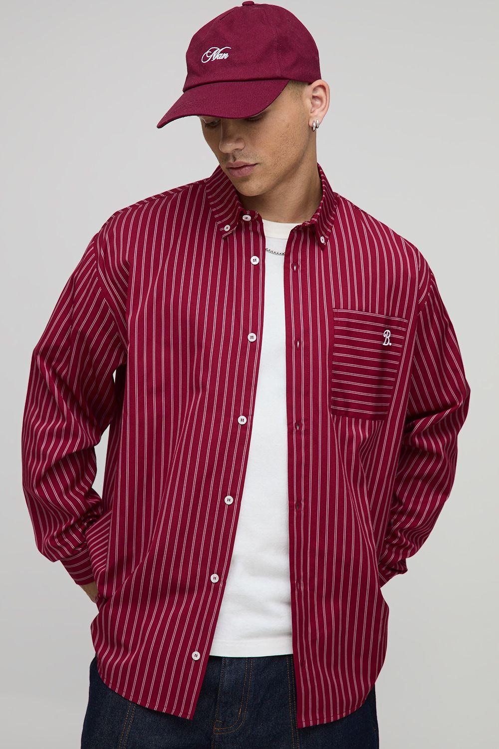 Oversized Long Sleeve Striped Curved Hem Shirt by BOOHOOMAN