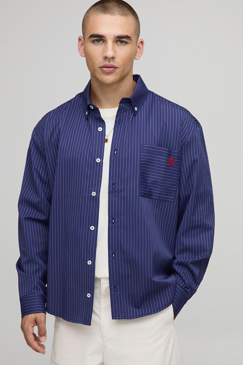 Oversized Long Sleeve Striped Curved Hem Shirt by BOOHOOMAN