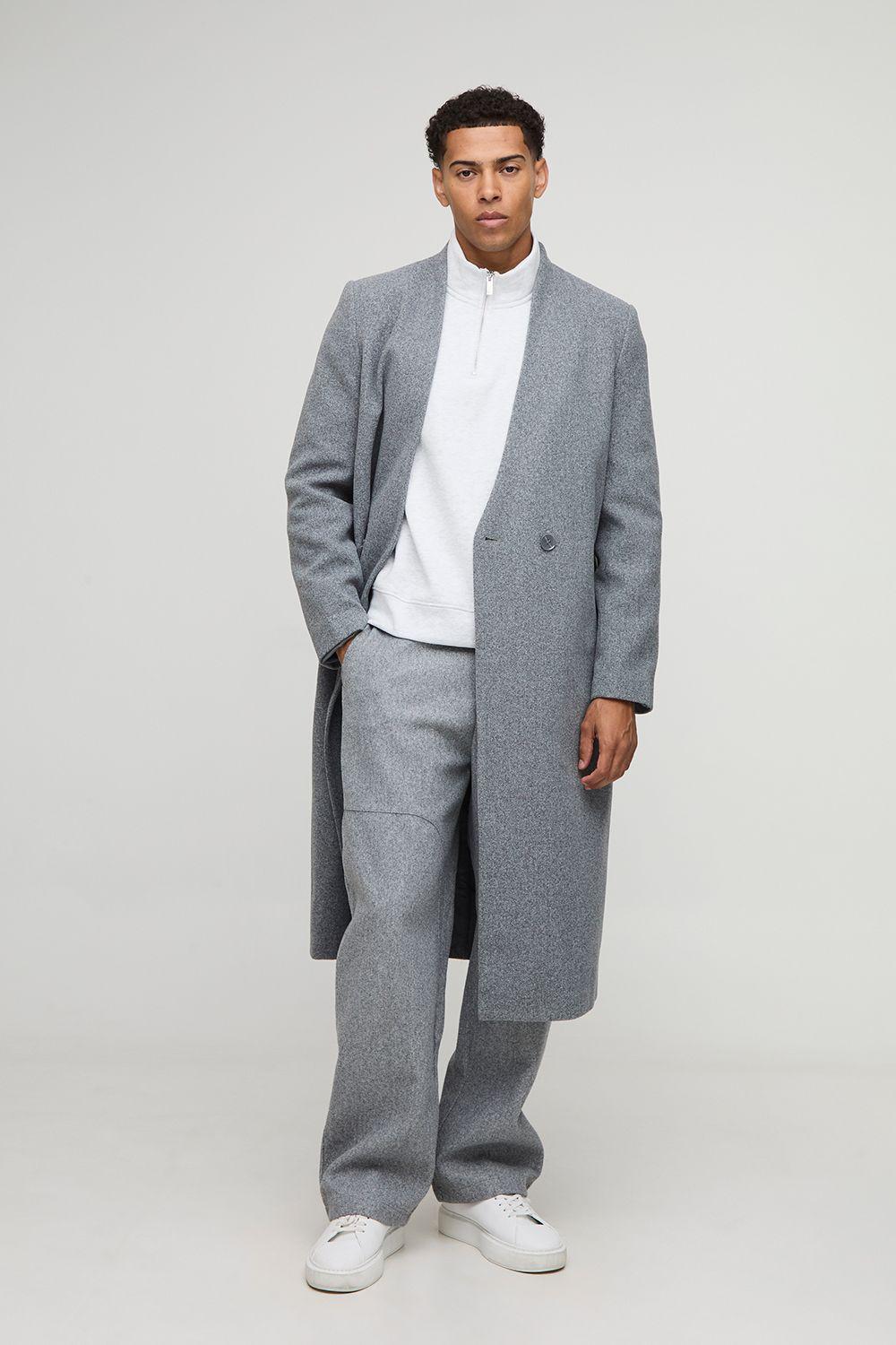 Oversized Longline Double Breasted Collarless Melton Overcoat by BOOHOOMAN