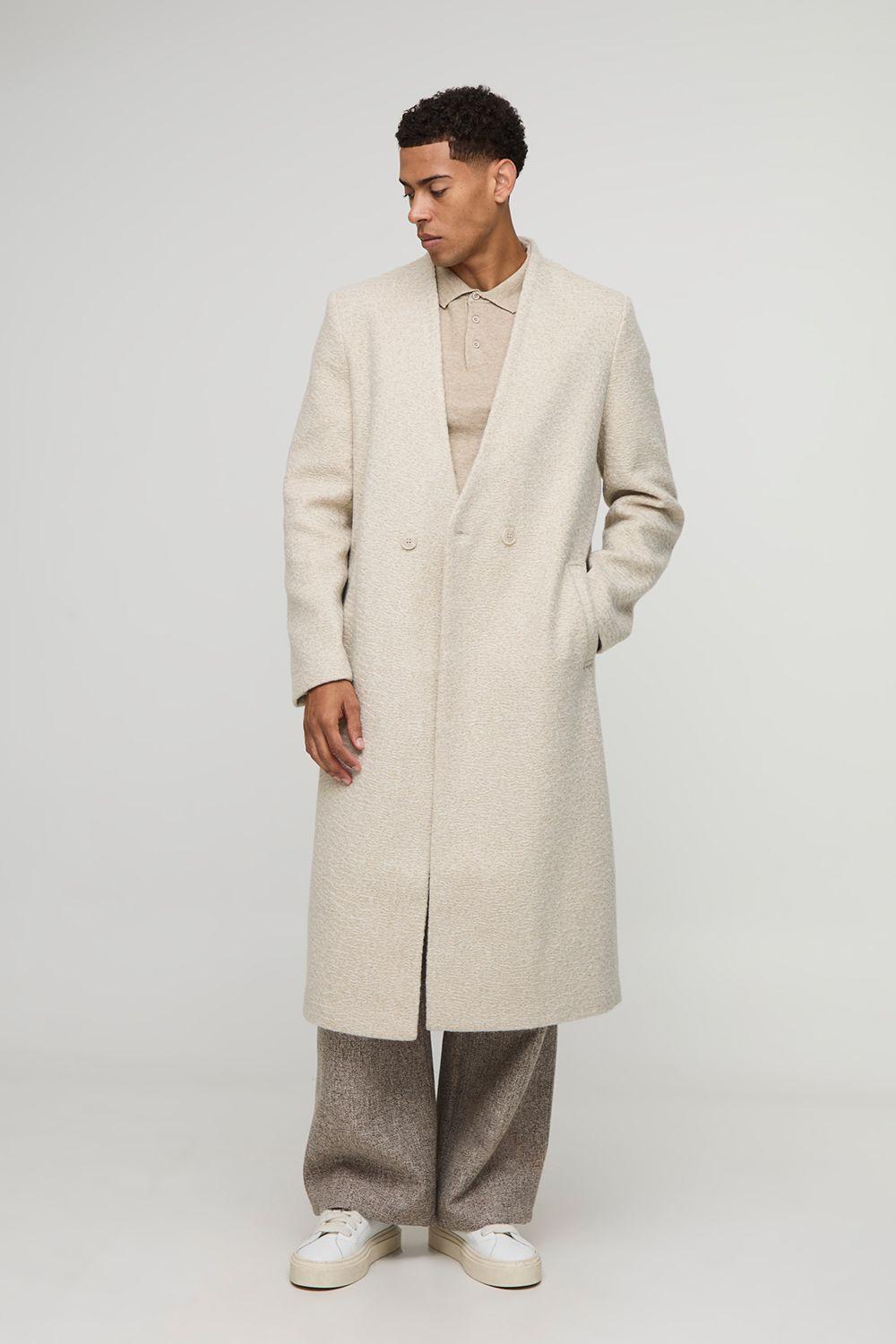 Oversized Longline Double Breasted Collarless Melton Overcoat by BOOHOOMAN