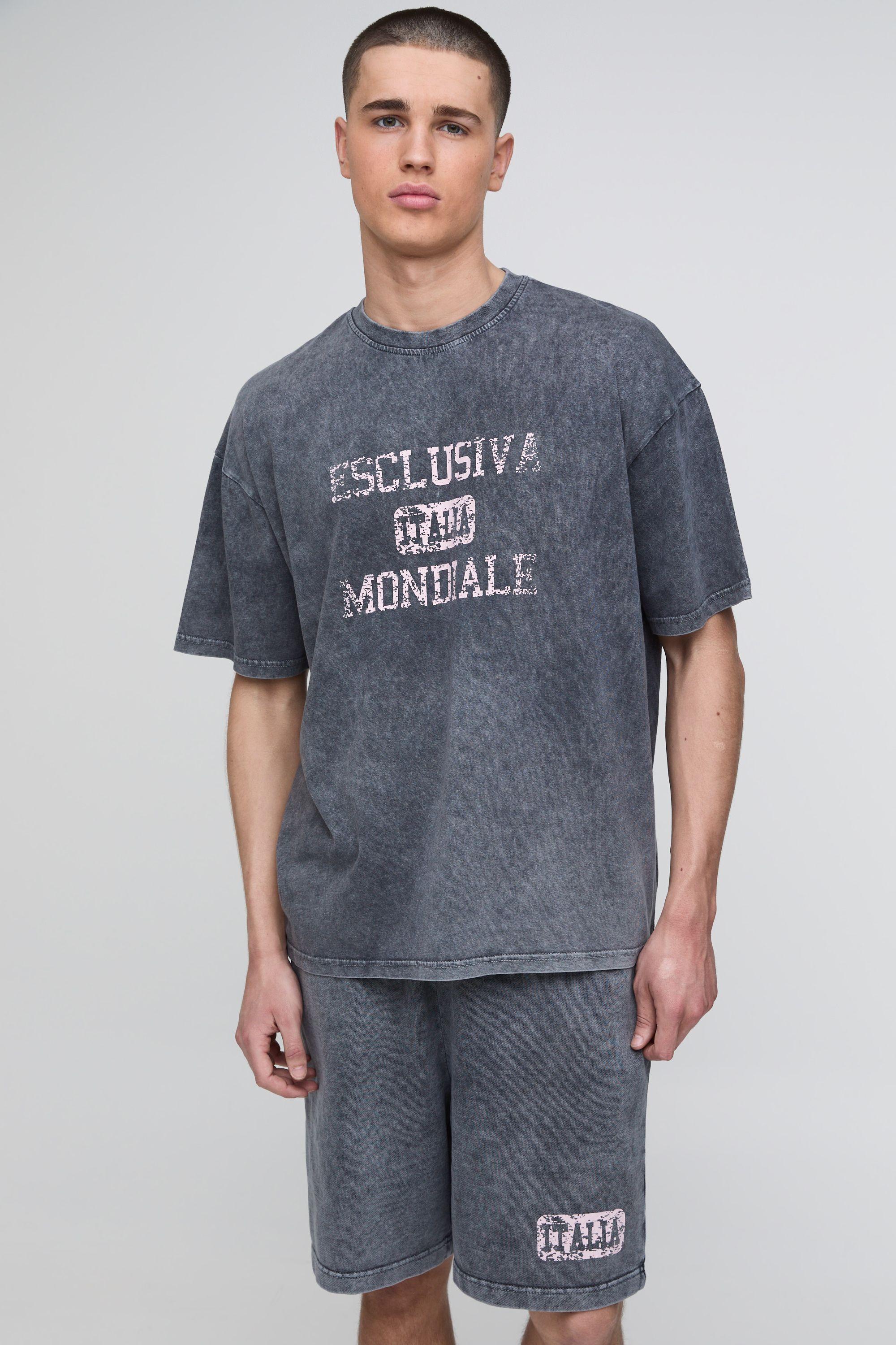 Oversized Loopback Washed Italia Printed Short Set by BOOHOOMAN