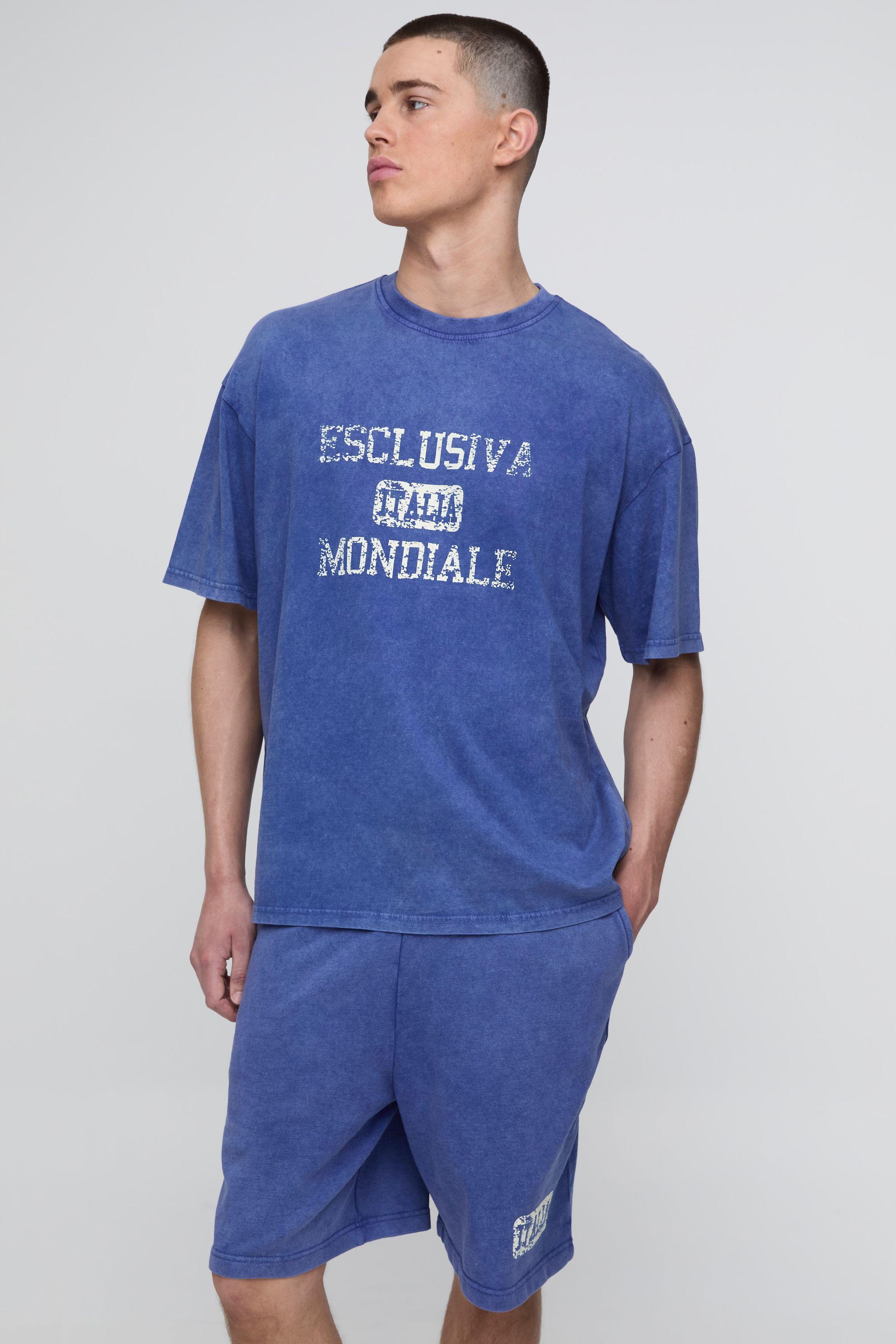 Oversized Loopback Washed Italia Printed Short Set by BOOHOOMAN