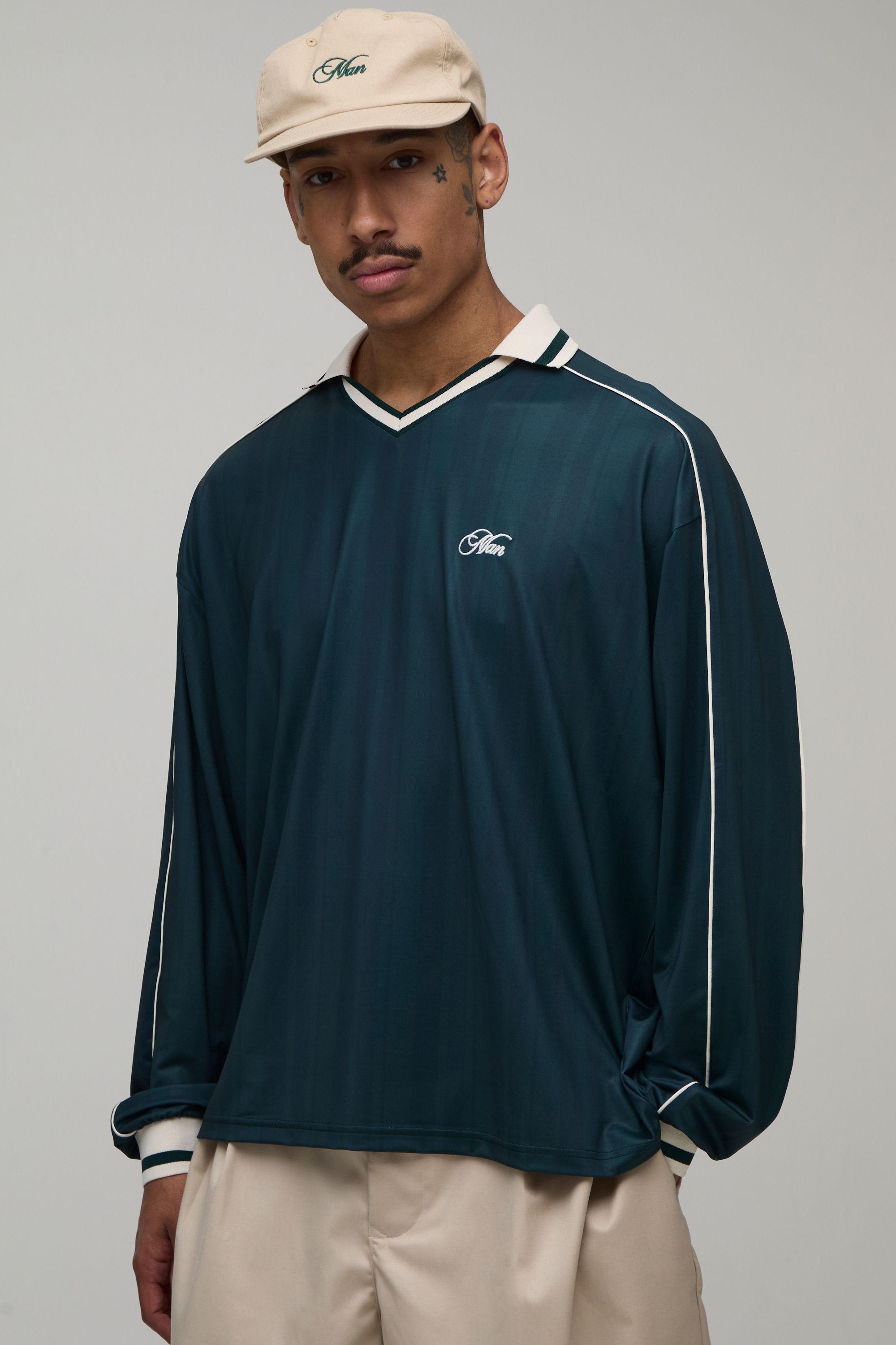 Oversized Man Embroidered Piped Long Sleeve Football Top by BOOHOOMAN