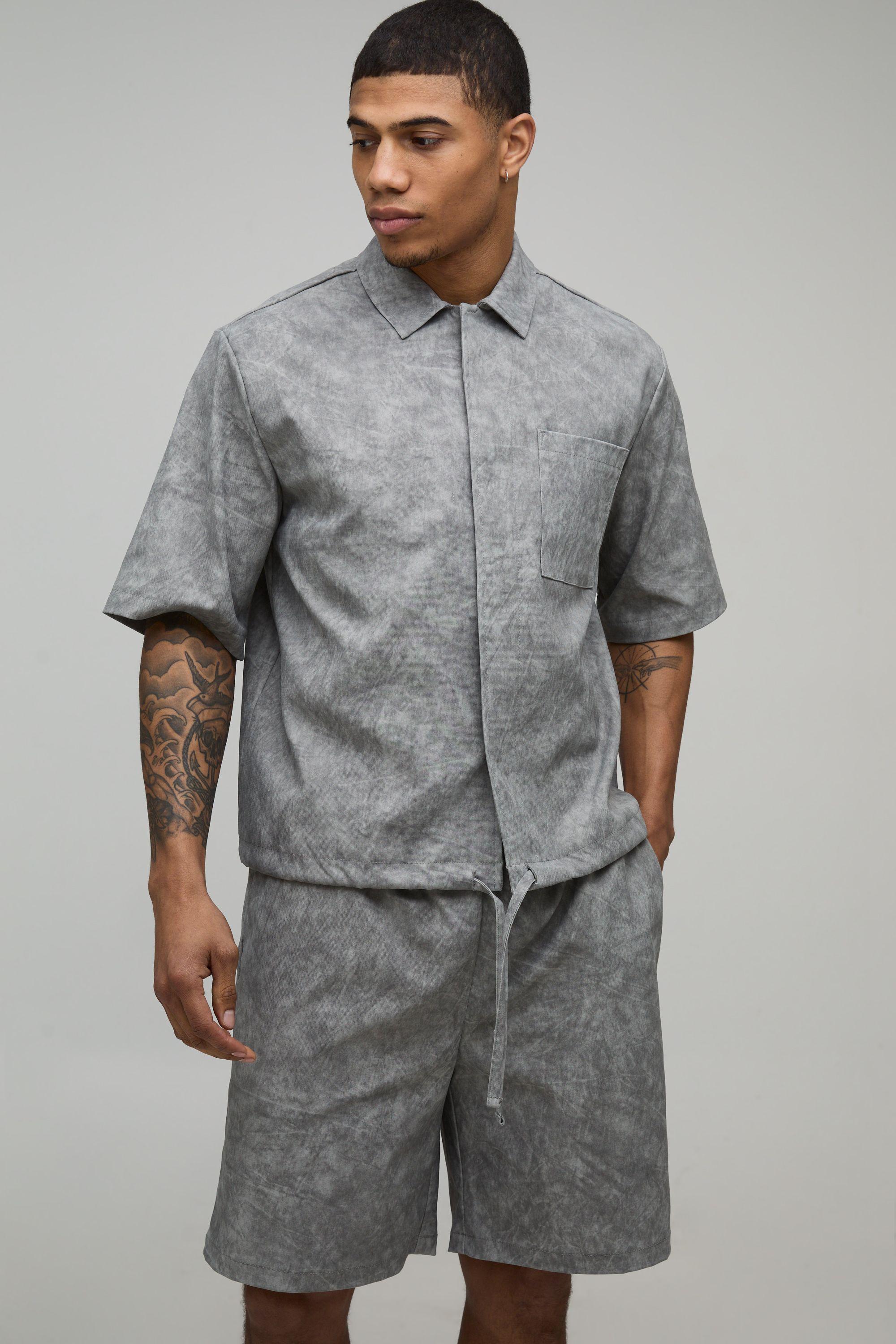 Oversized Matte Marble Bungee Hem Shirt & Short Set by BOOHOOMAN