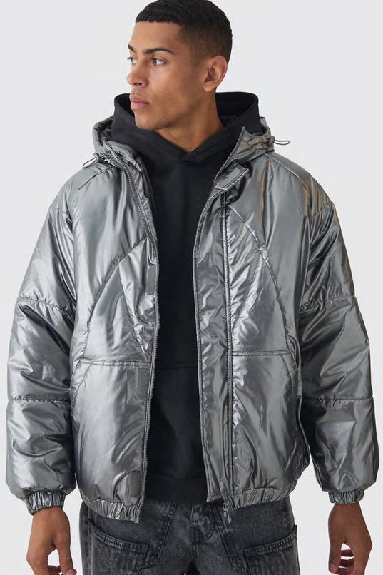Oversized Metallic Hooded Puffer In Charcoal by BOOHOOMAN