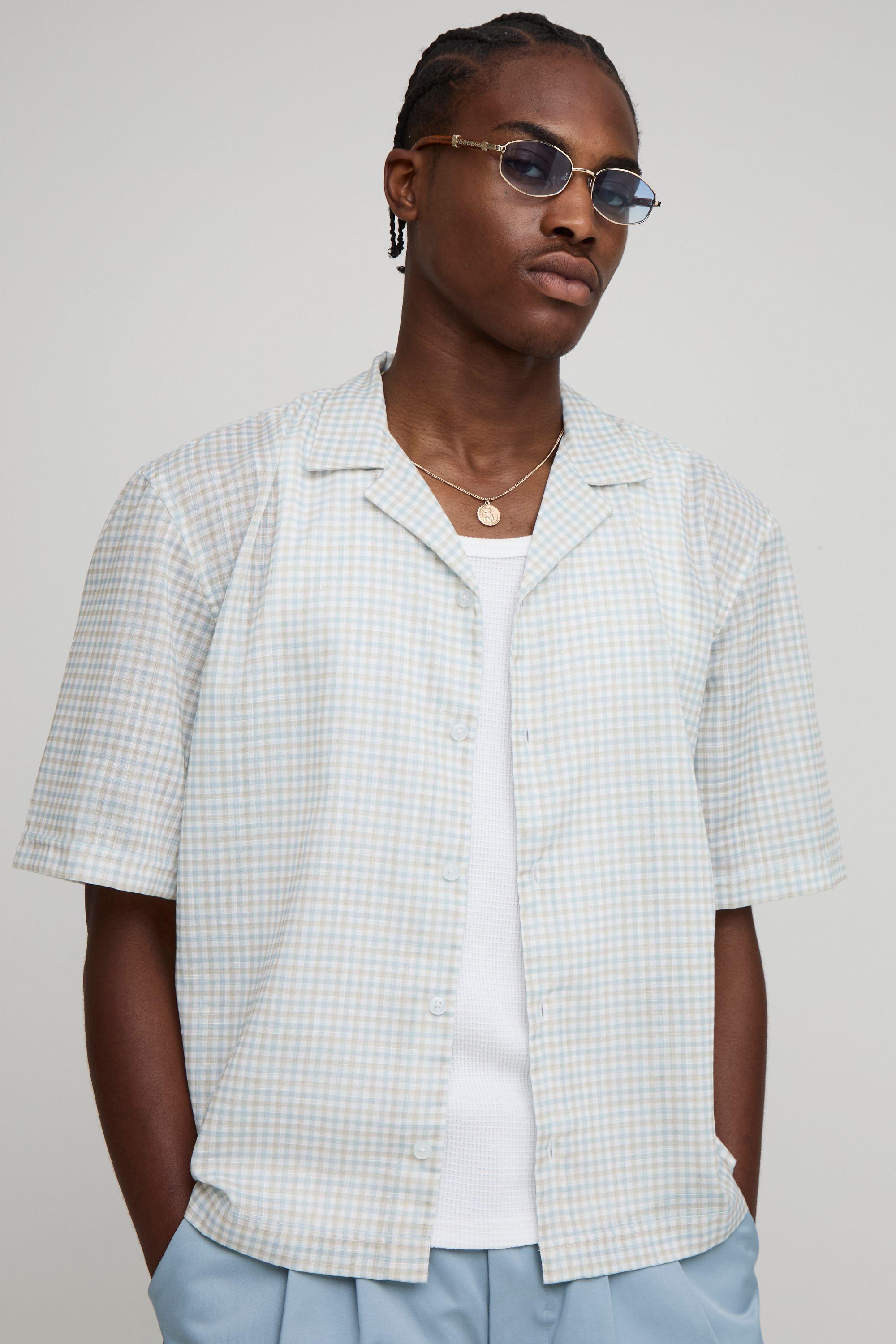 Oversized Micro Check Slub Revere Shirt by BOOHOOMAN