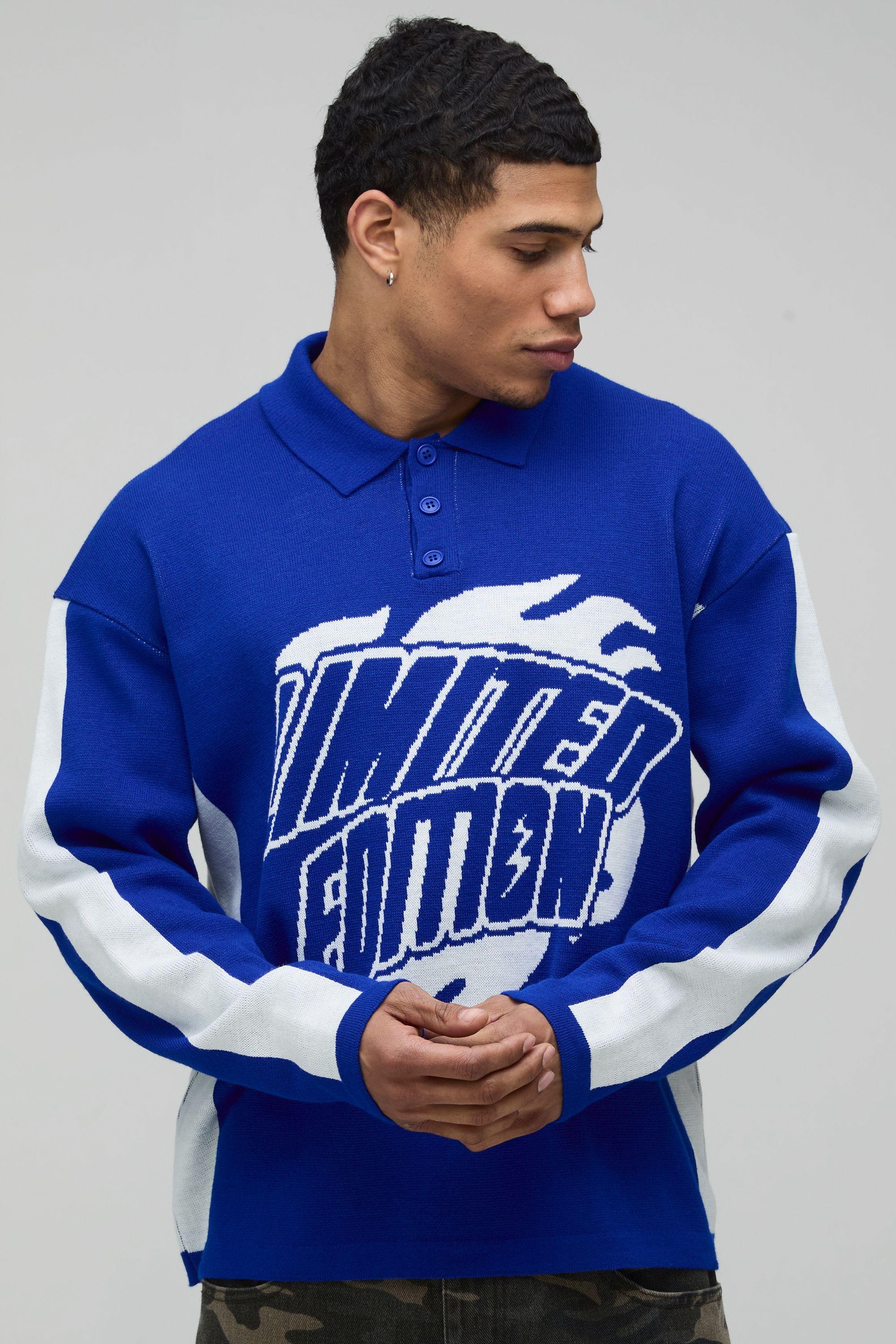 Oversized Moto Graphic Long Sleeve Knitted Polo by BOOHOOMAN