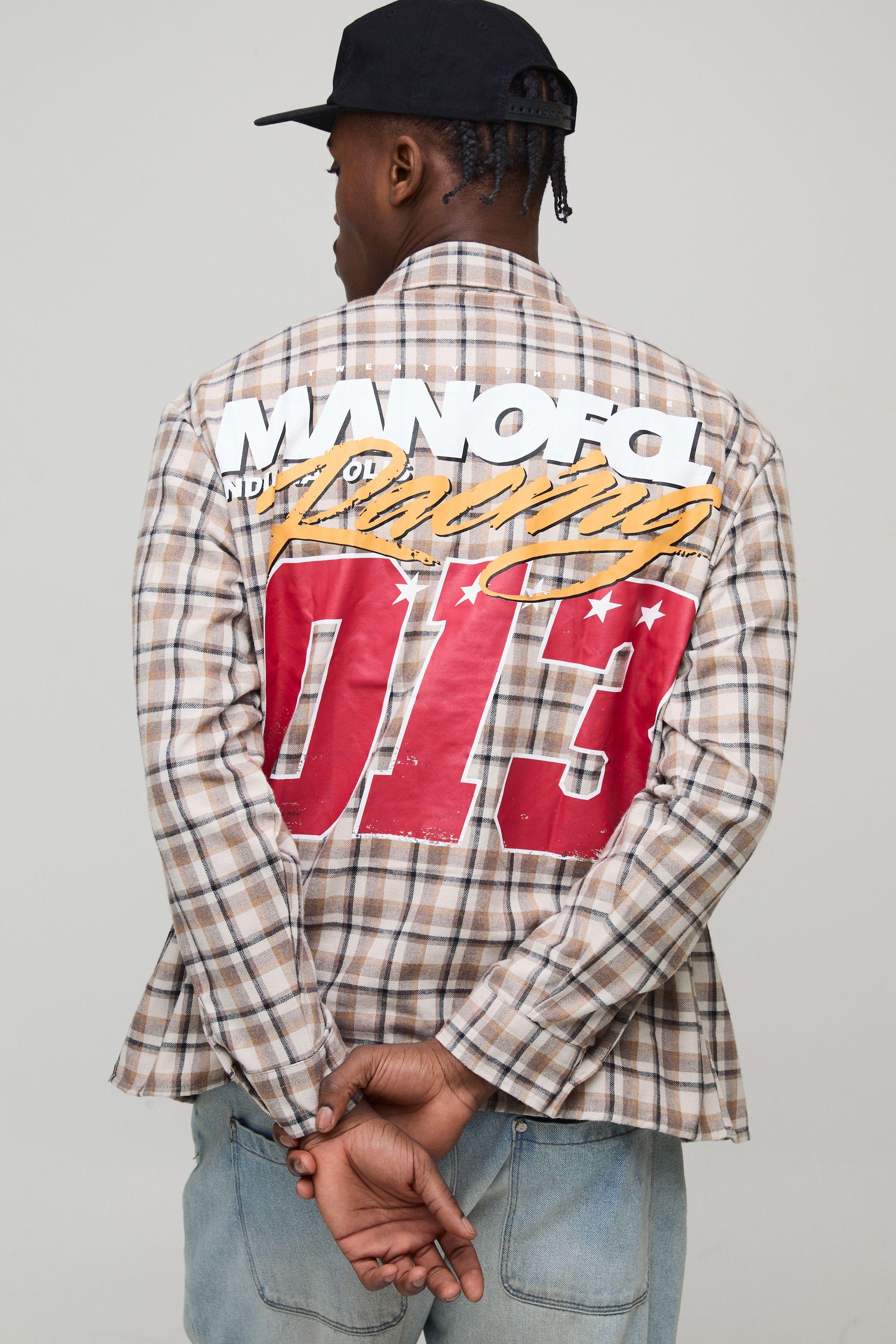 Oversized Moto Print Checked Long Sleeve Shirt by BOOHOOMAN