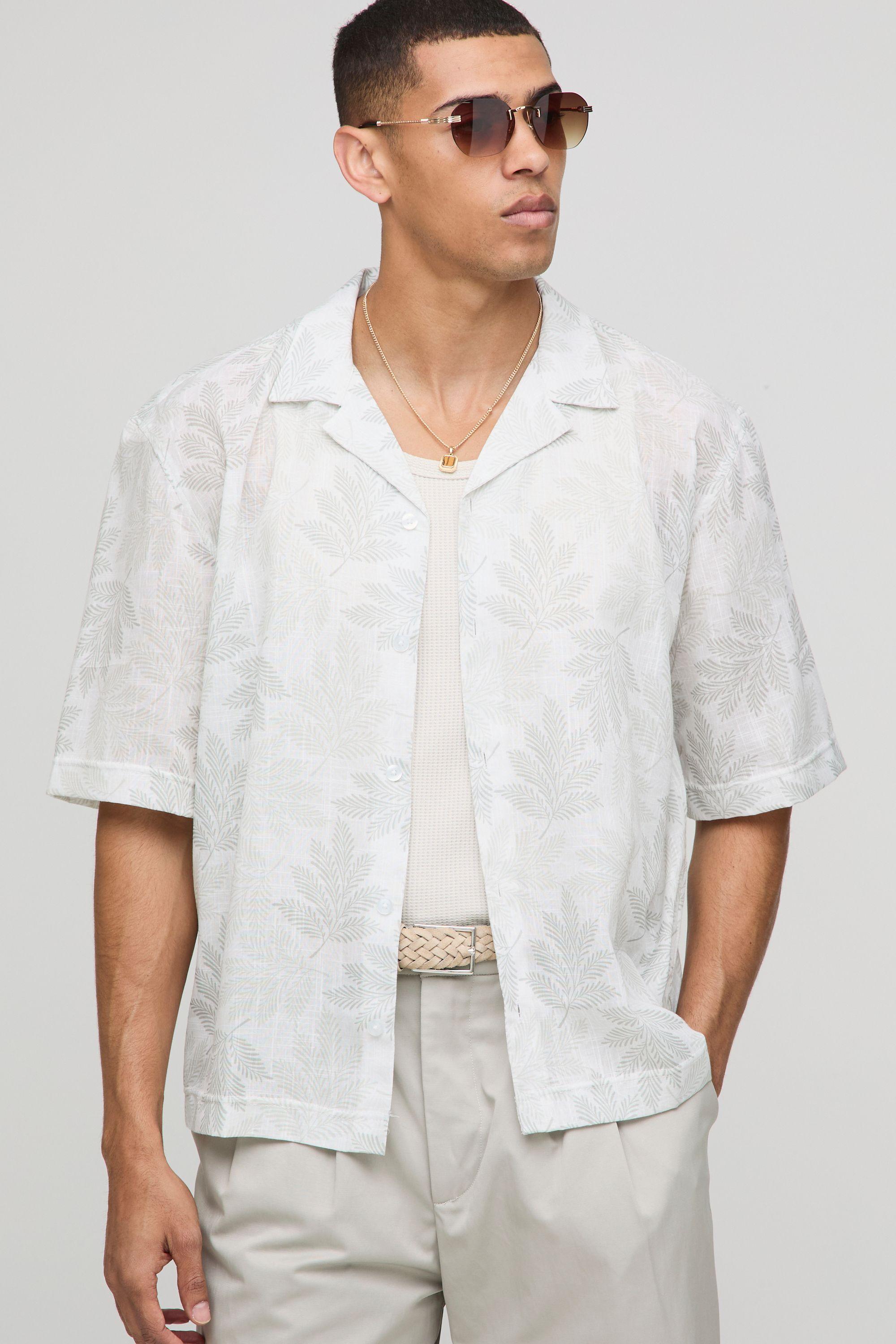 Oversized Multi Leaf Slub Revere Shirt by BOOHOOMAN